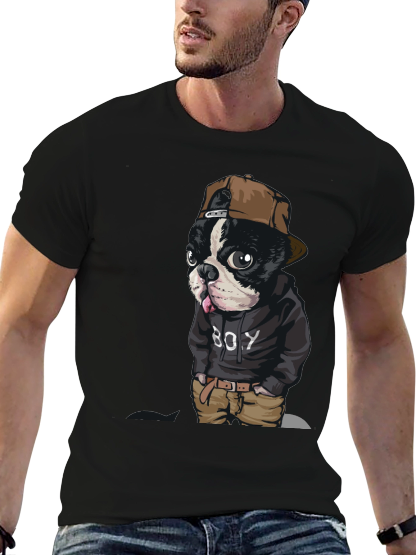Dog Boy Graphic Print Black T-Shirt