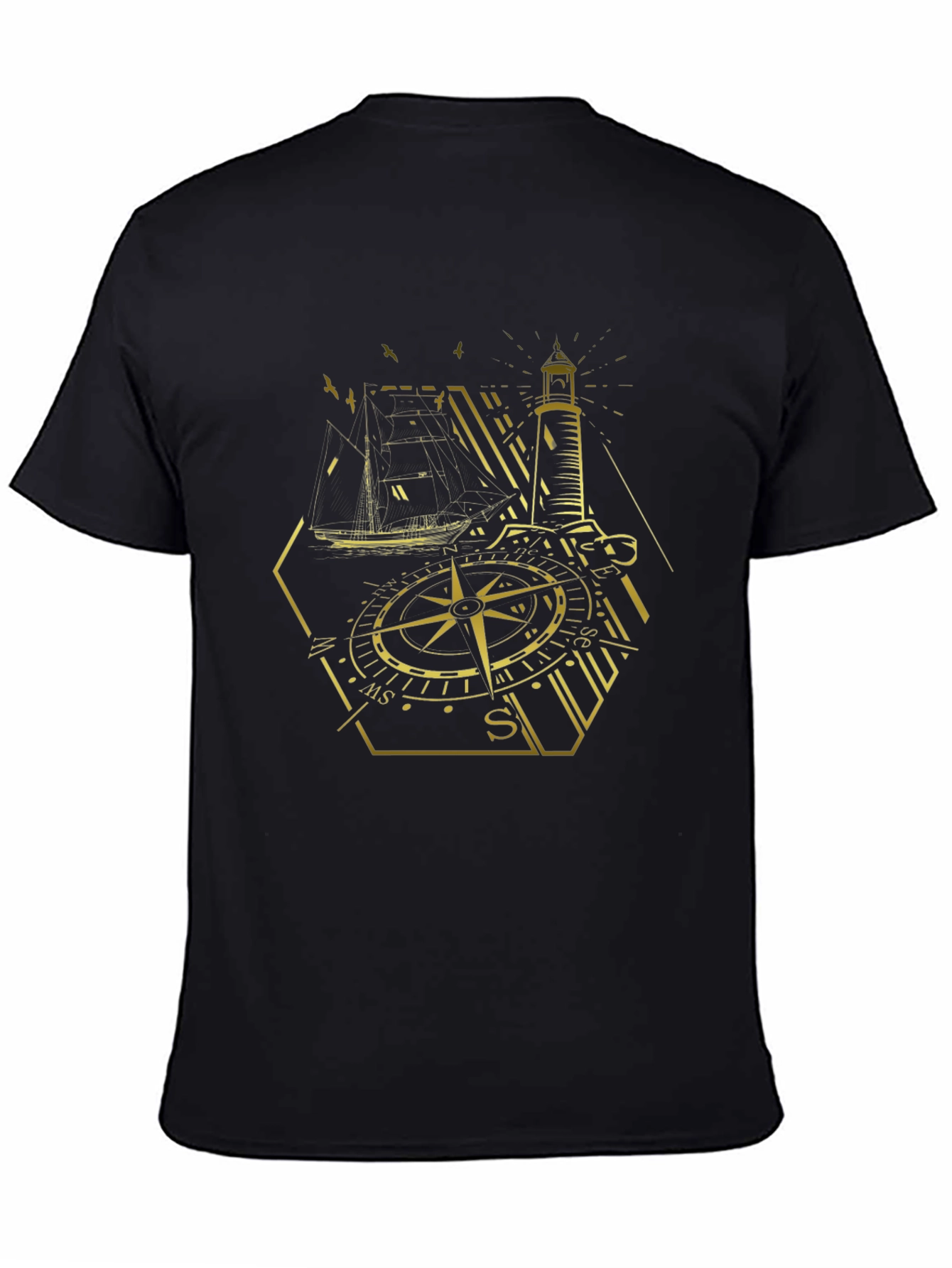 Nautical Compass Lighthouse Graphic Tee - Black