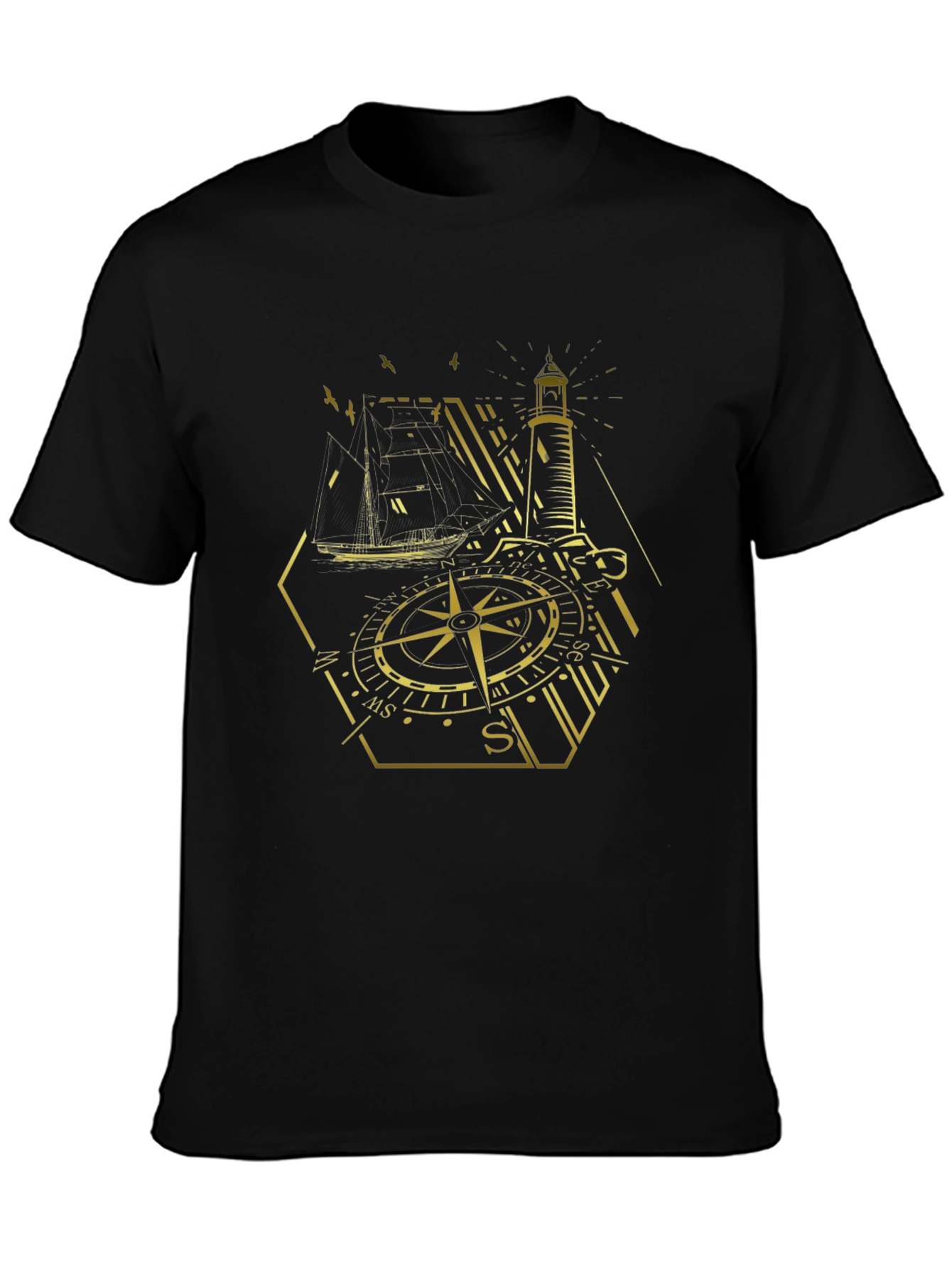 Nautical Compass Lighthouse Graphic Tee - Black