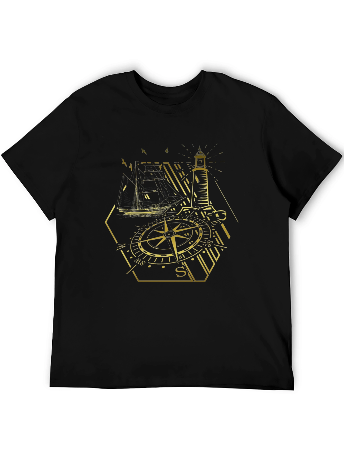 Nautical Compass Lighthouse Graphic Tee - Black