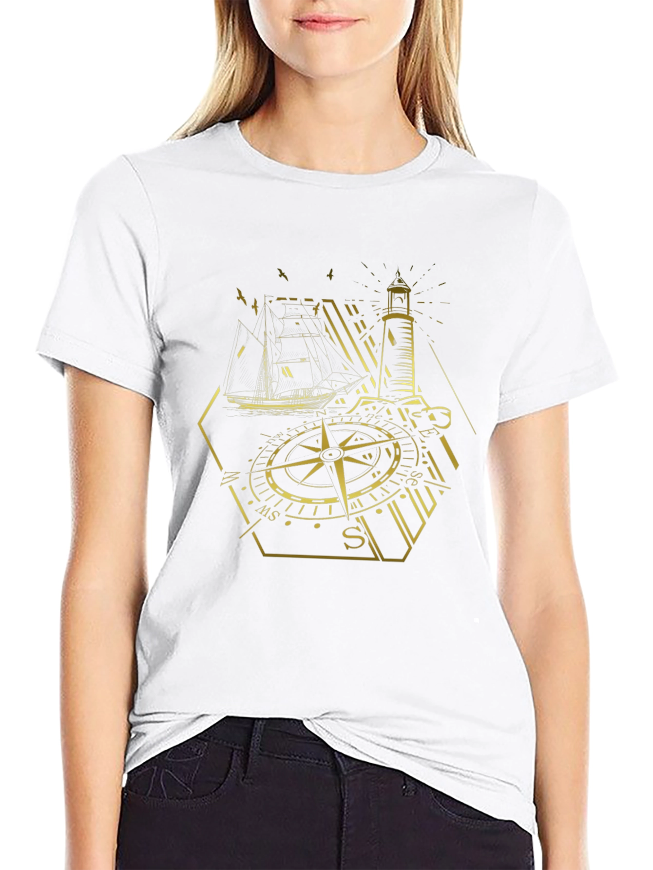 Nautical Compass Lighthouse Graphic Tee - Black