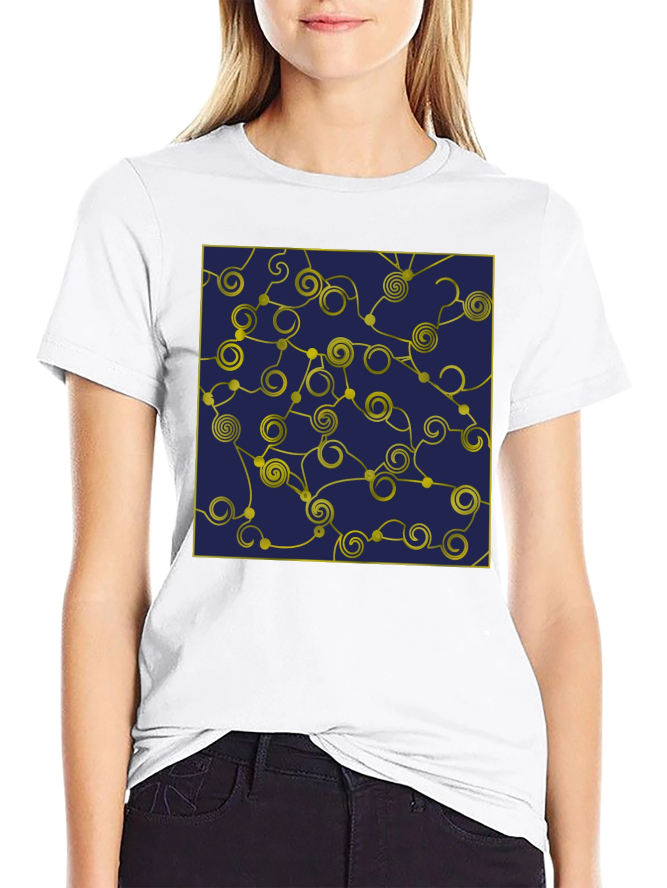 Geometric Swirl T-Shirt - Navy and Gold Design