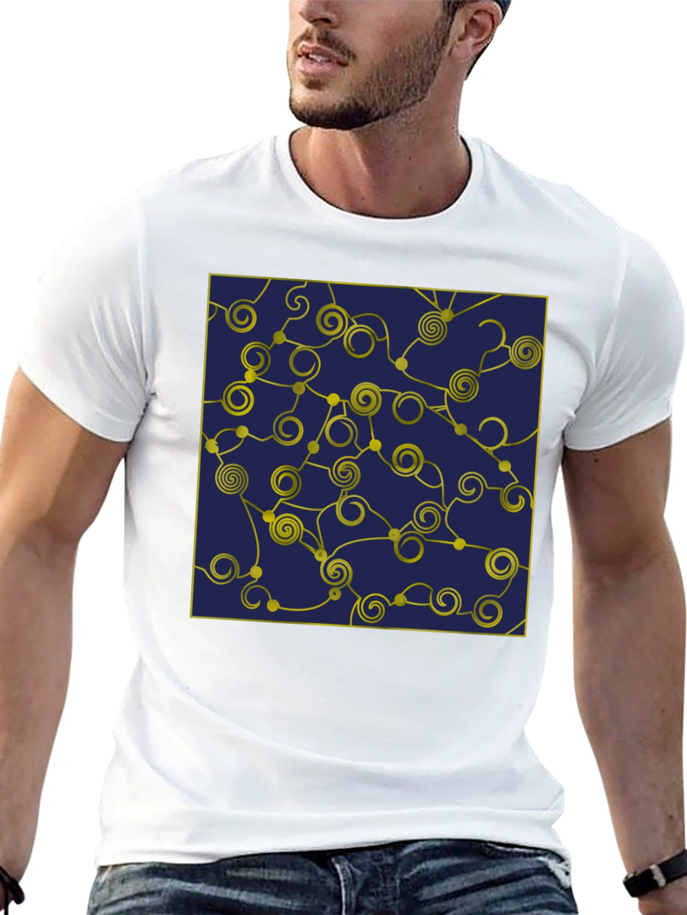 Geometric Swirl T-Shirt - Navy and Gold Design