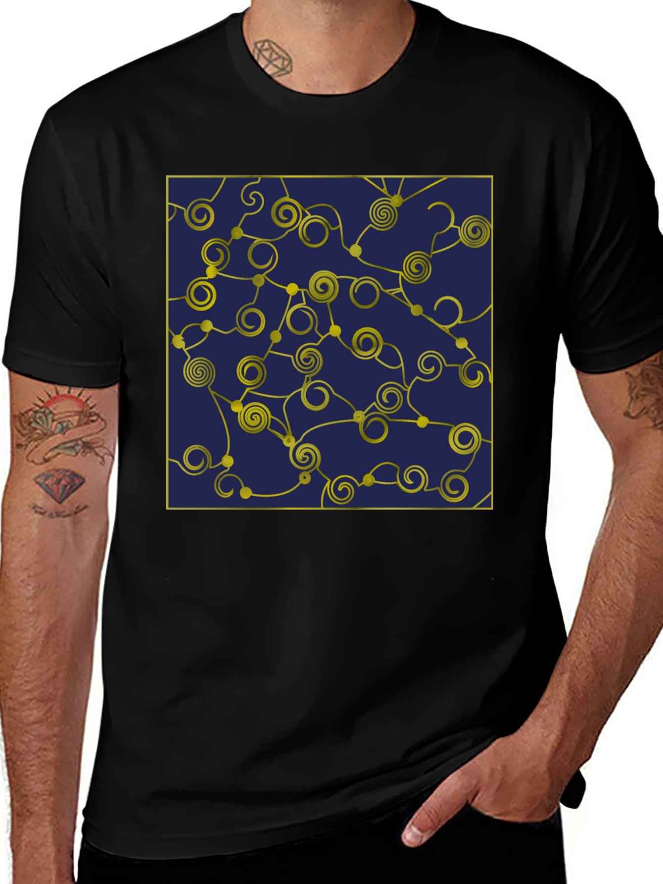 Geometric Swirl T-Shirt - Navy and Gold Design