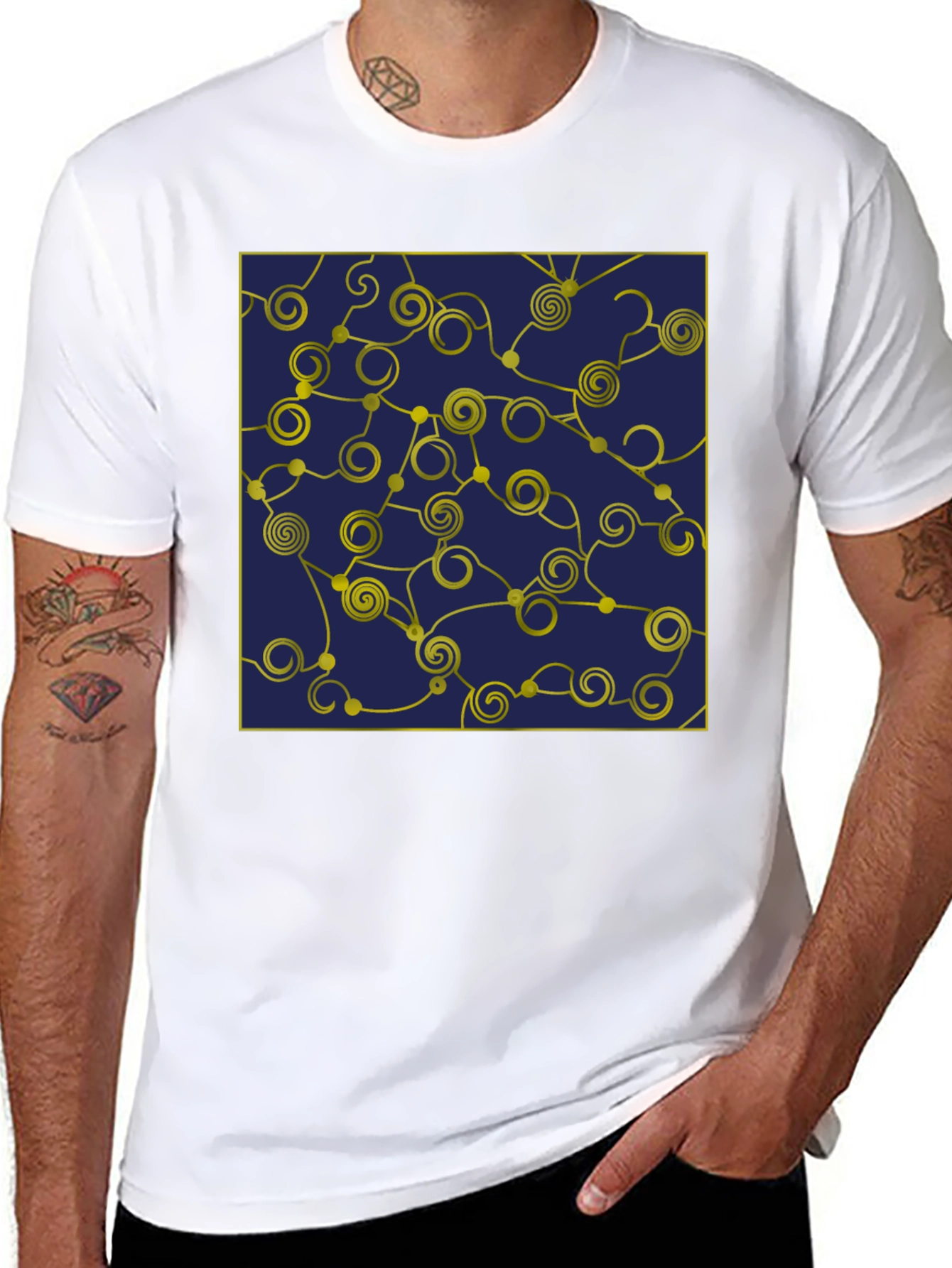 Geometric Swirl T-Shirt - Navy and Gold Design