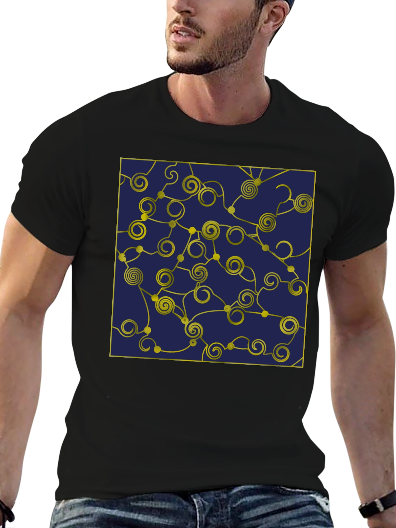 Geometric Swirl T-Shirt - Navy and Gold Design