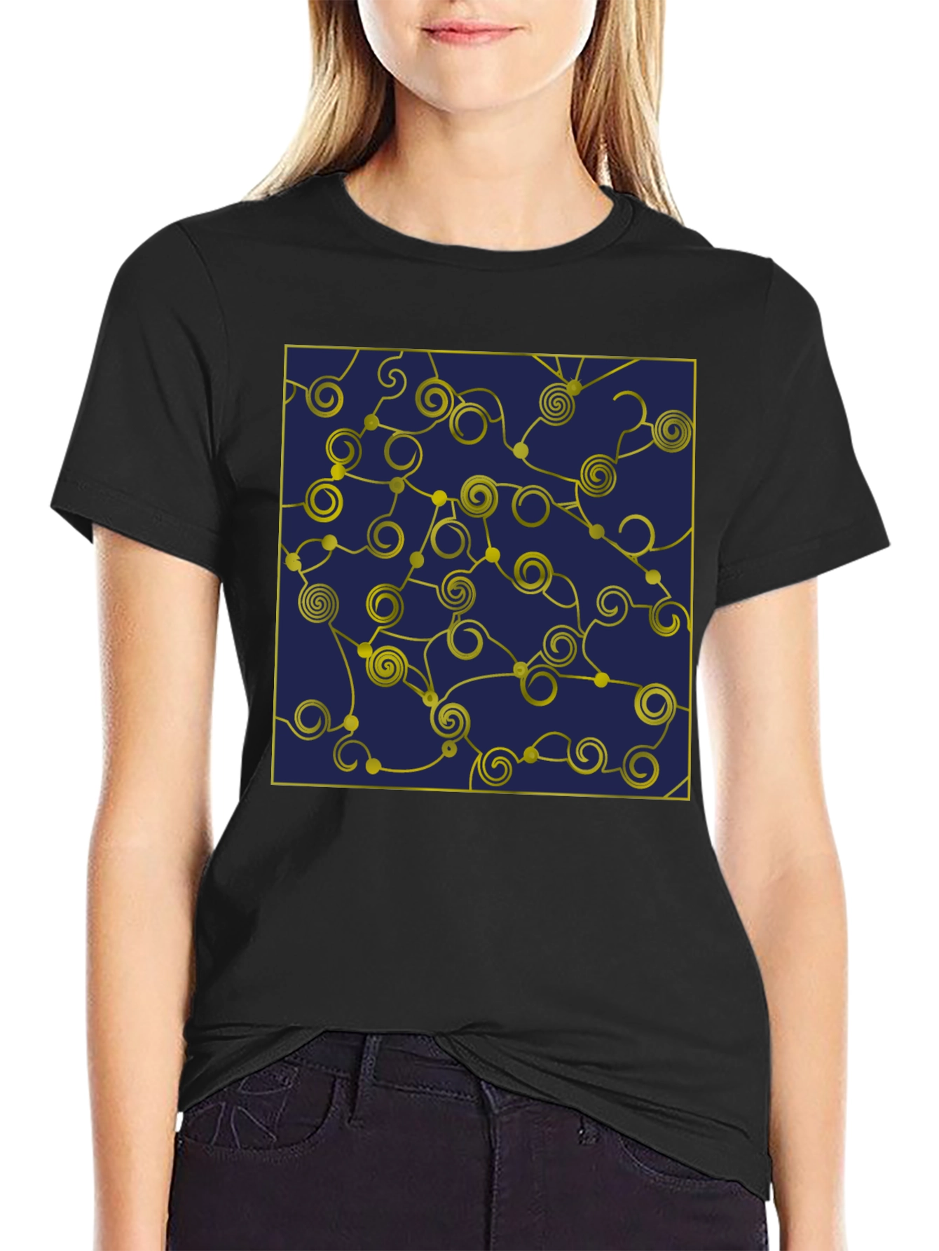 Geometric Swirl T-Shirt - Navy and Gold Design