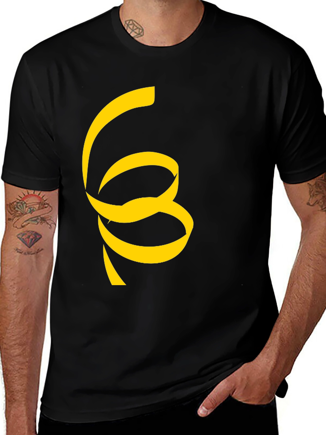 Black T-Shirt with Unique Yellow Ribbon Design