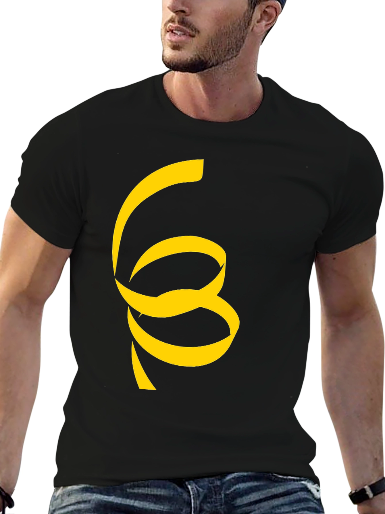 Black T-Shirt with Unique Yellow Ribbon Design