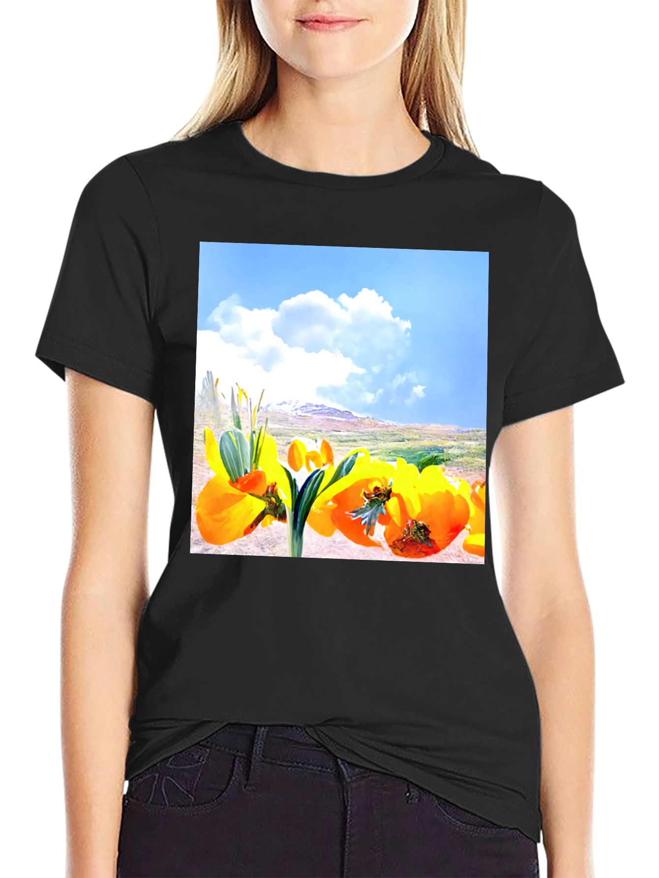 Floral Landscape Graphic Tee - Black Cotton Blend