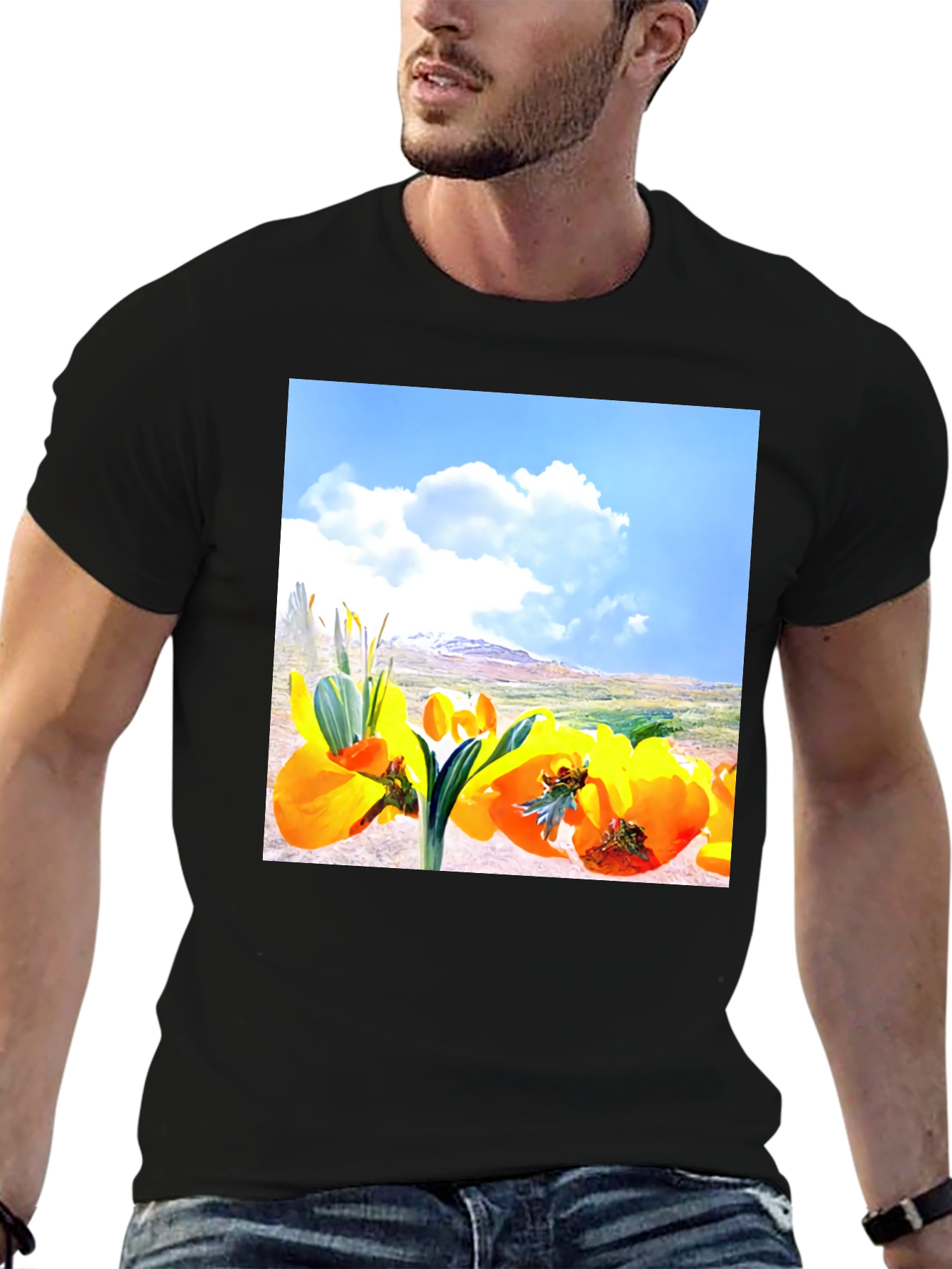 Floral Landscape Graphic Tee - Black Cotton Blend