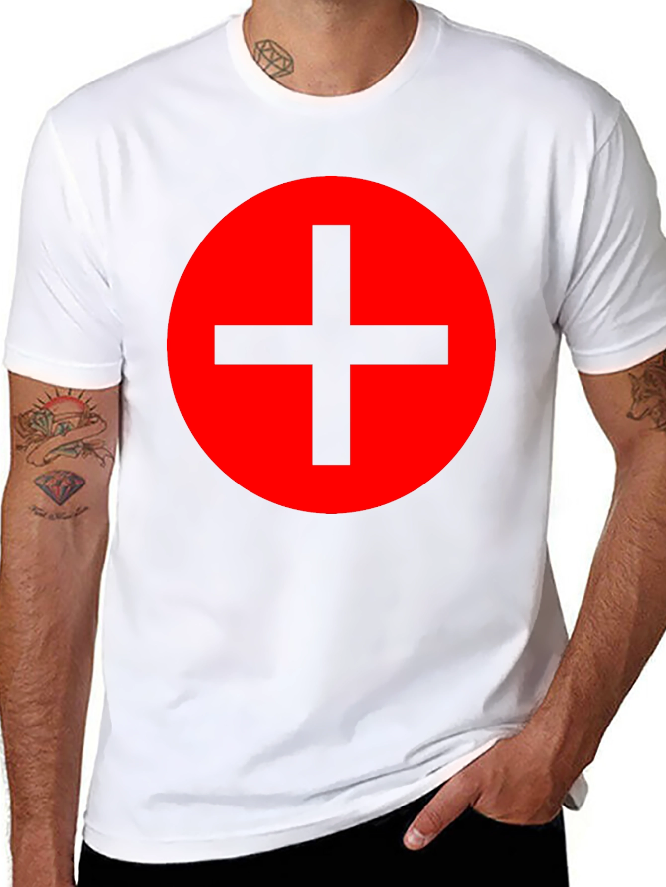 Red Circle Plus Sign Black T-Shirt
