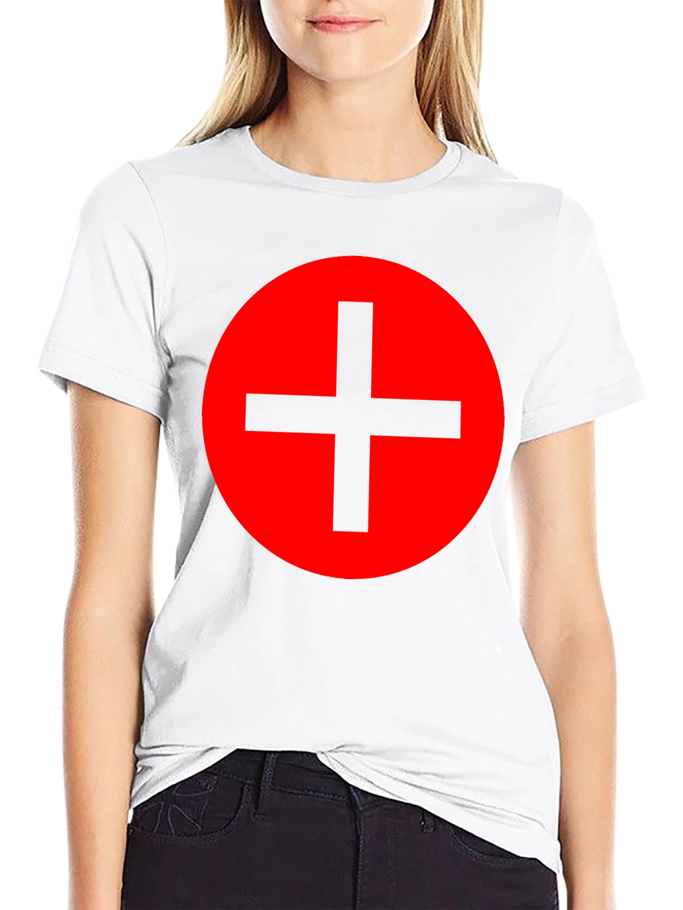 Red Circle Plus Sign Black T-Shirt