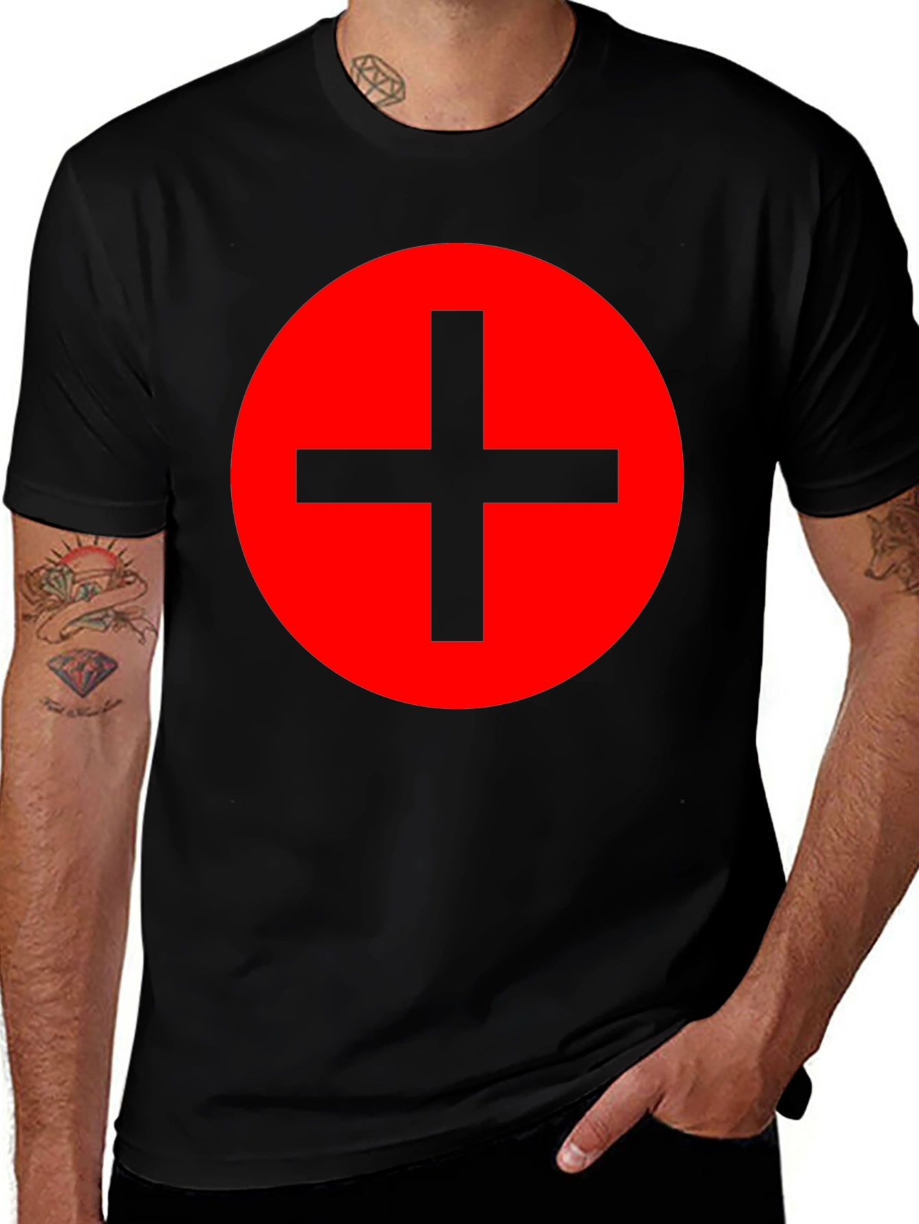 Red Circle Plus Sign Black T-Shirt
