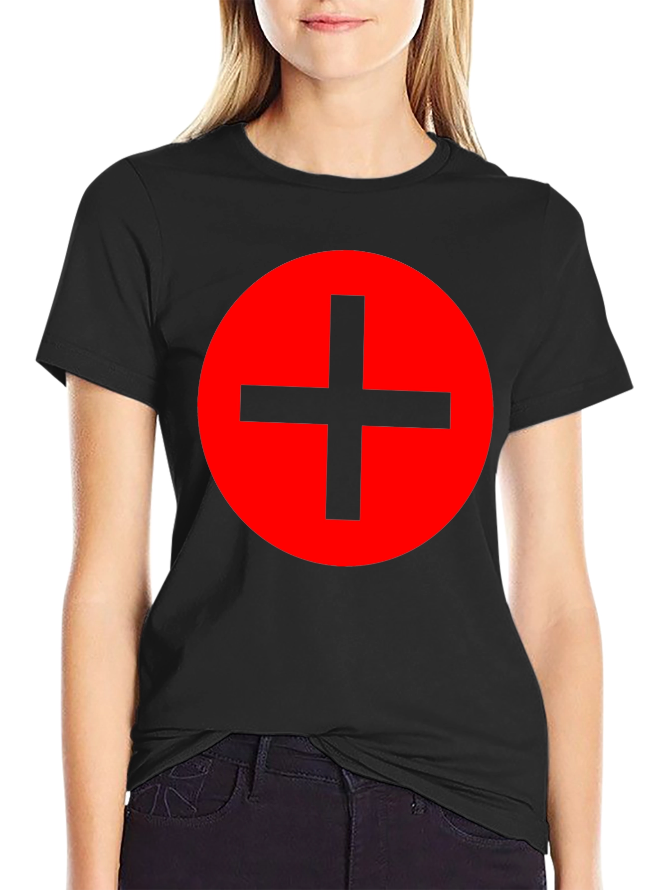 Red Circle Plus Sign Black T-Shirt