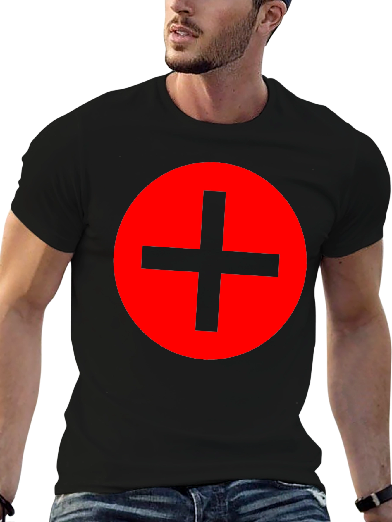 Red Circle Plus Sign Black T-Shirt