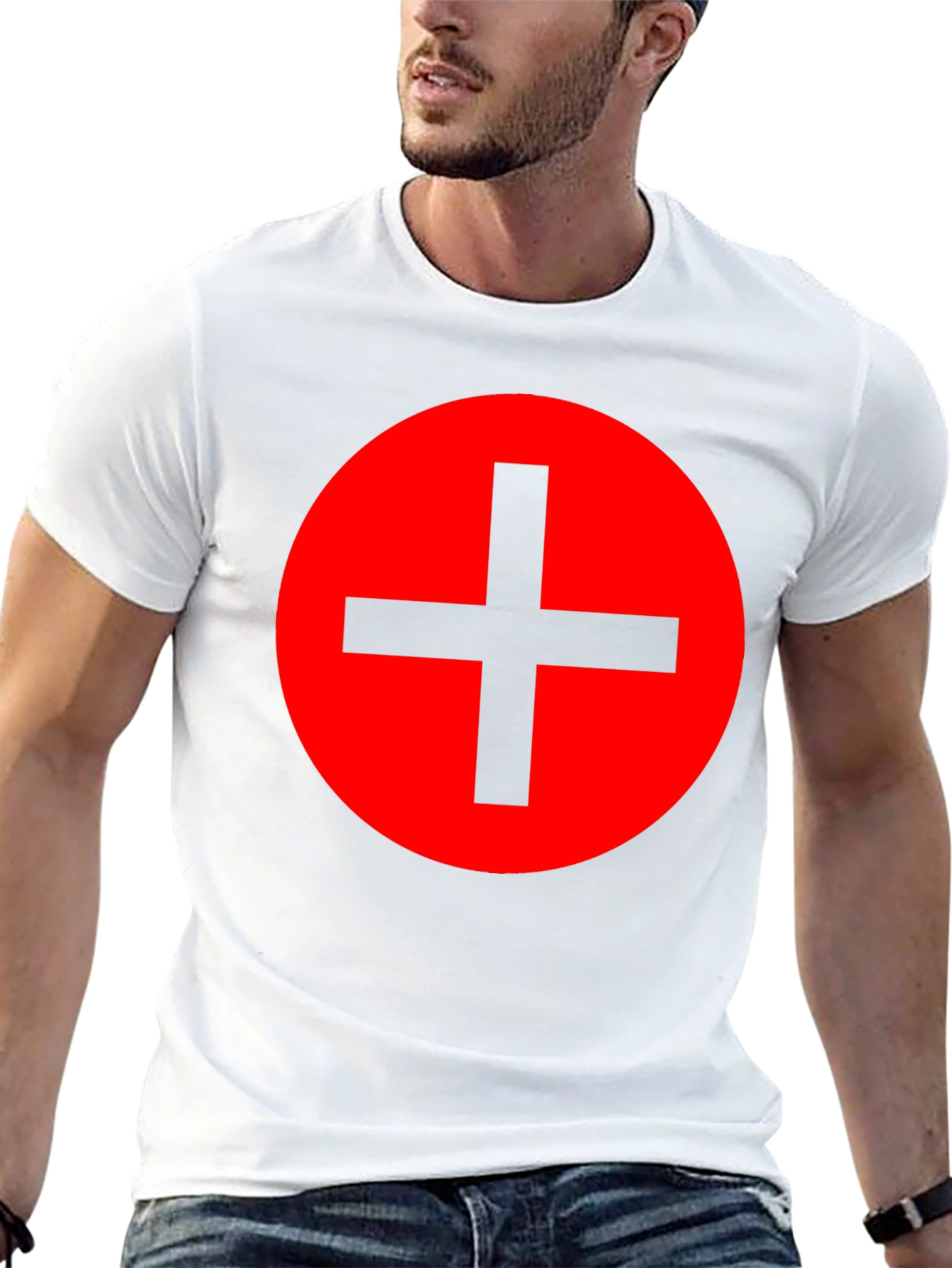 Red Circle Plus Sign Black T-Shirt