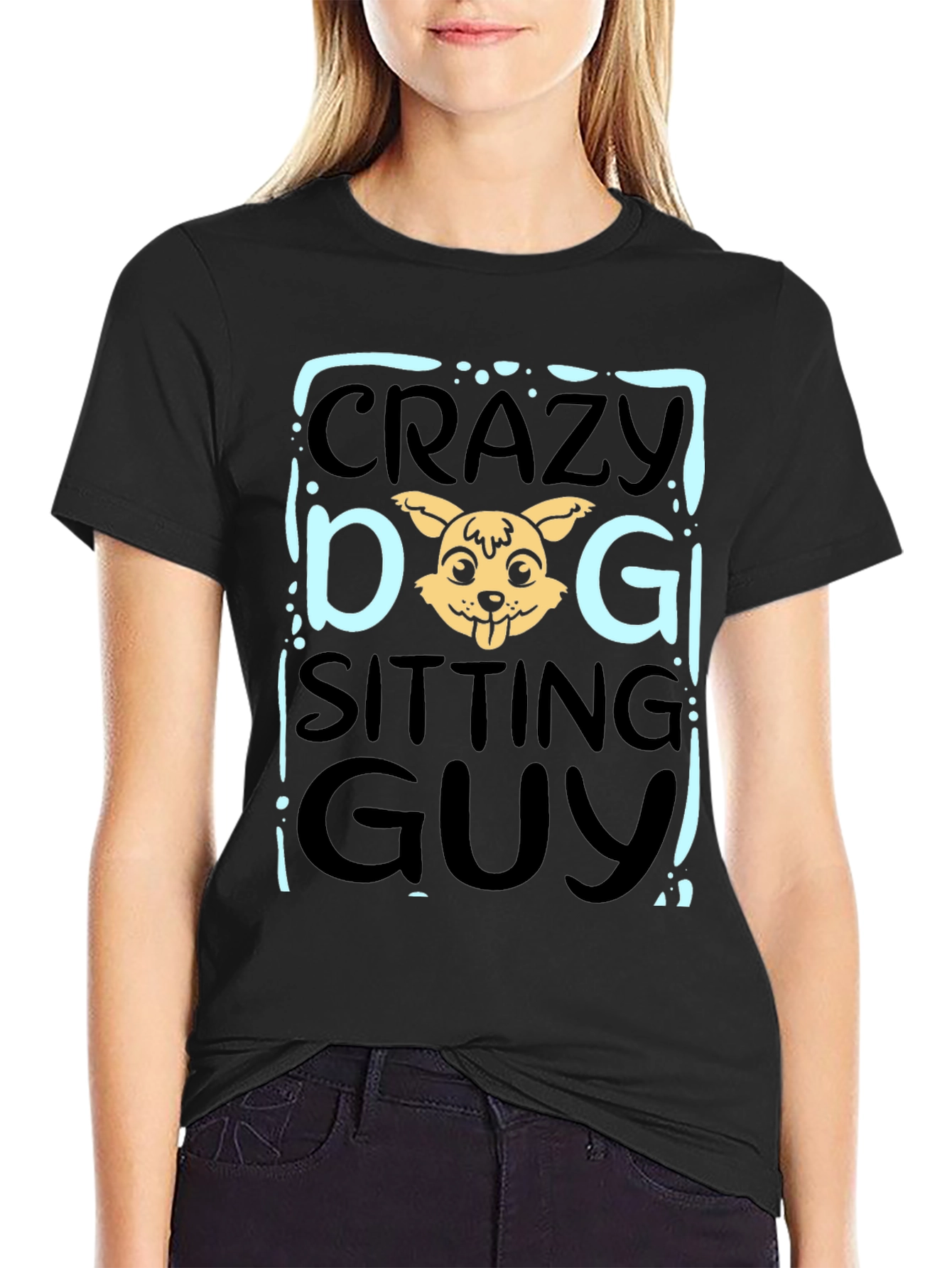 Crazy Dog Sitting Guy Black T-Shirt