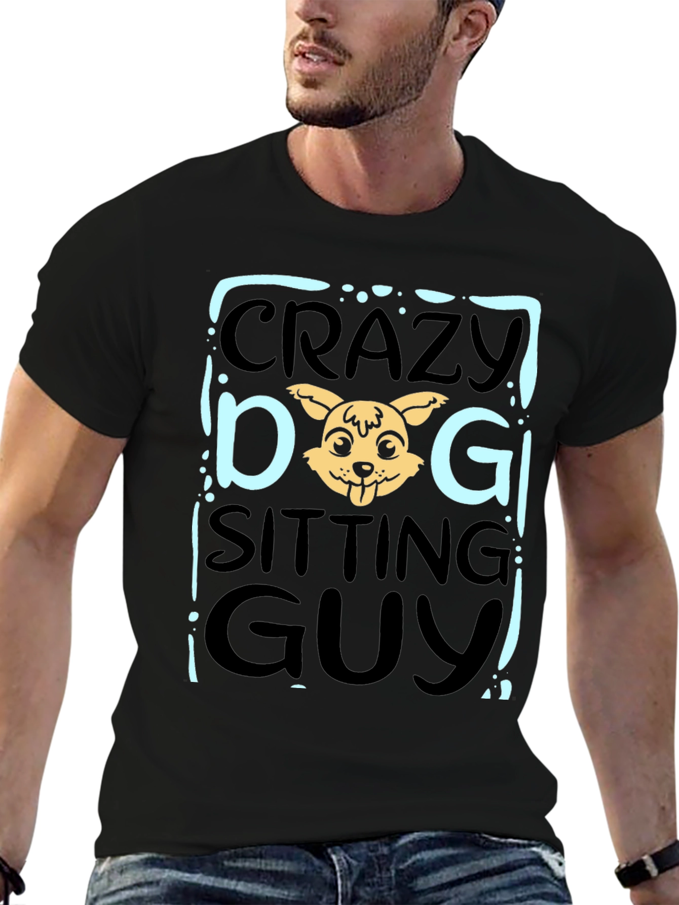 Crazy Dog Sitting Guy Black T-Shirt