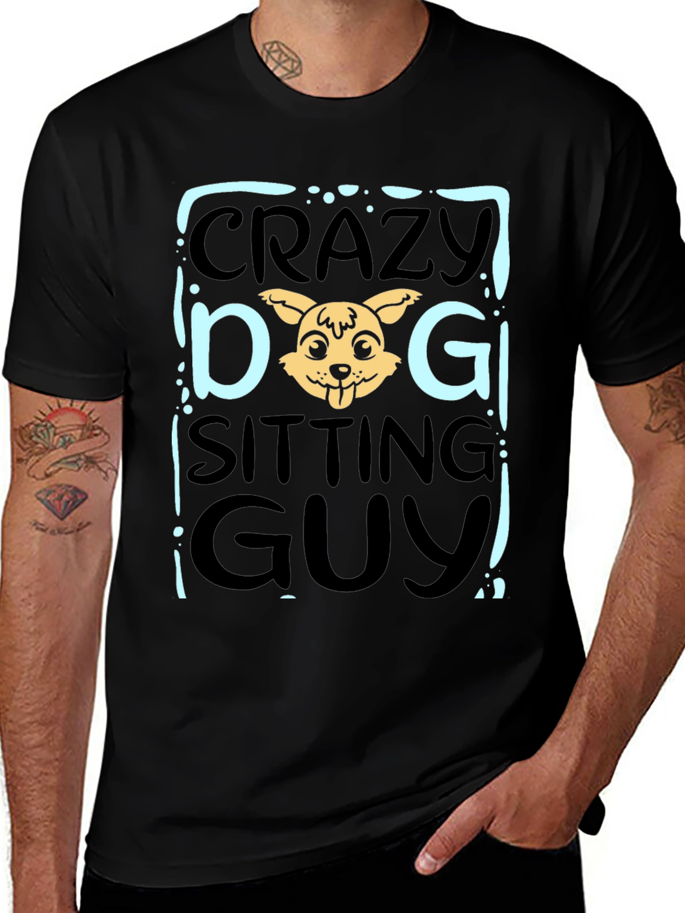 Crazy Dog Sitting Guy Black T-Shirt