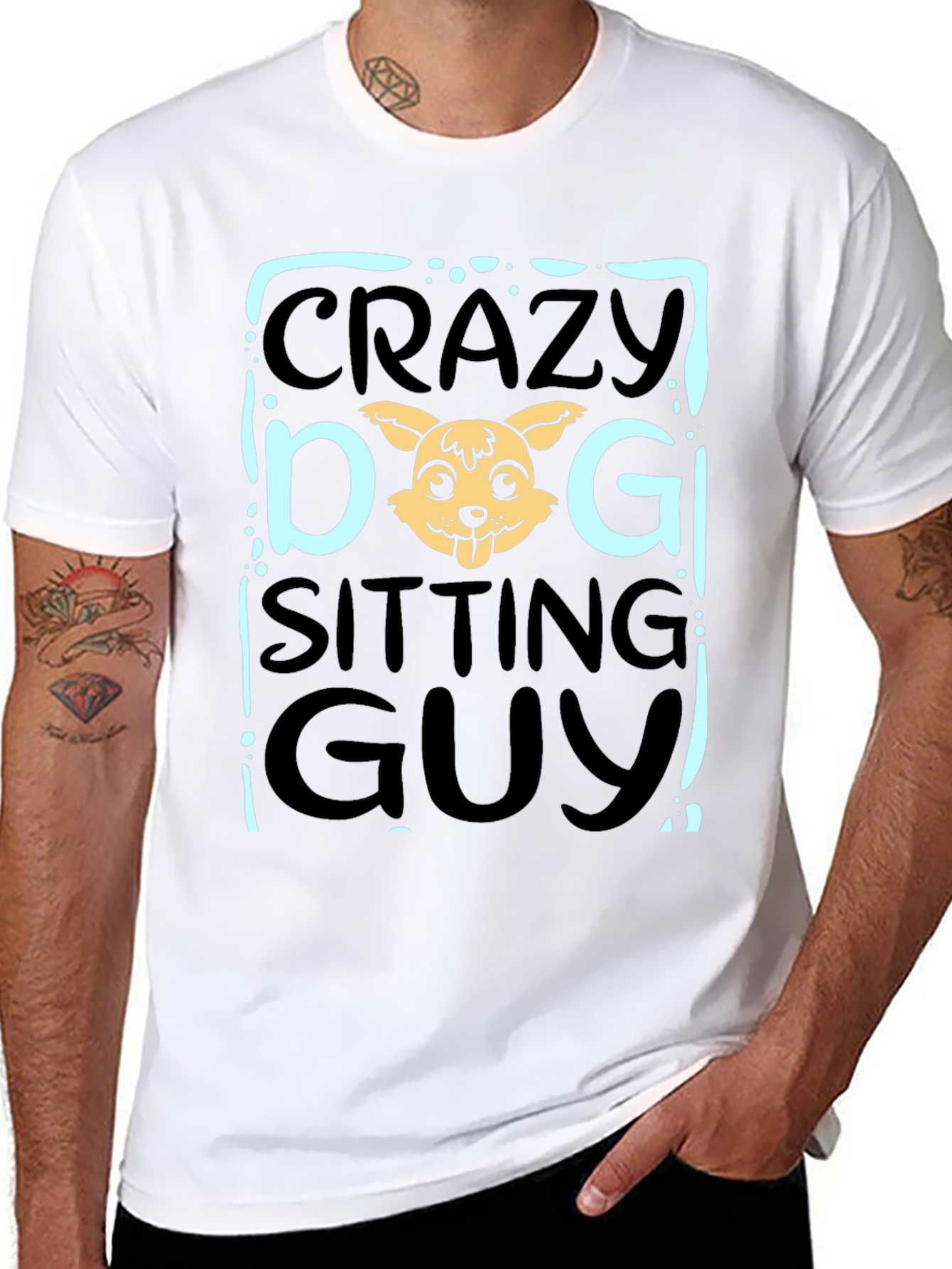 Crazy Dog Sitting Guy Black T-Shirt