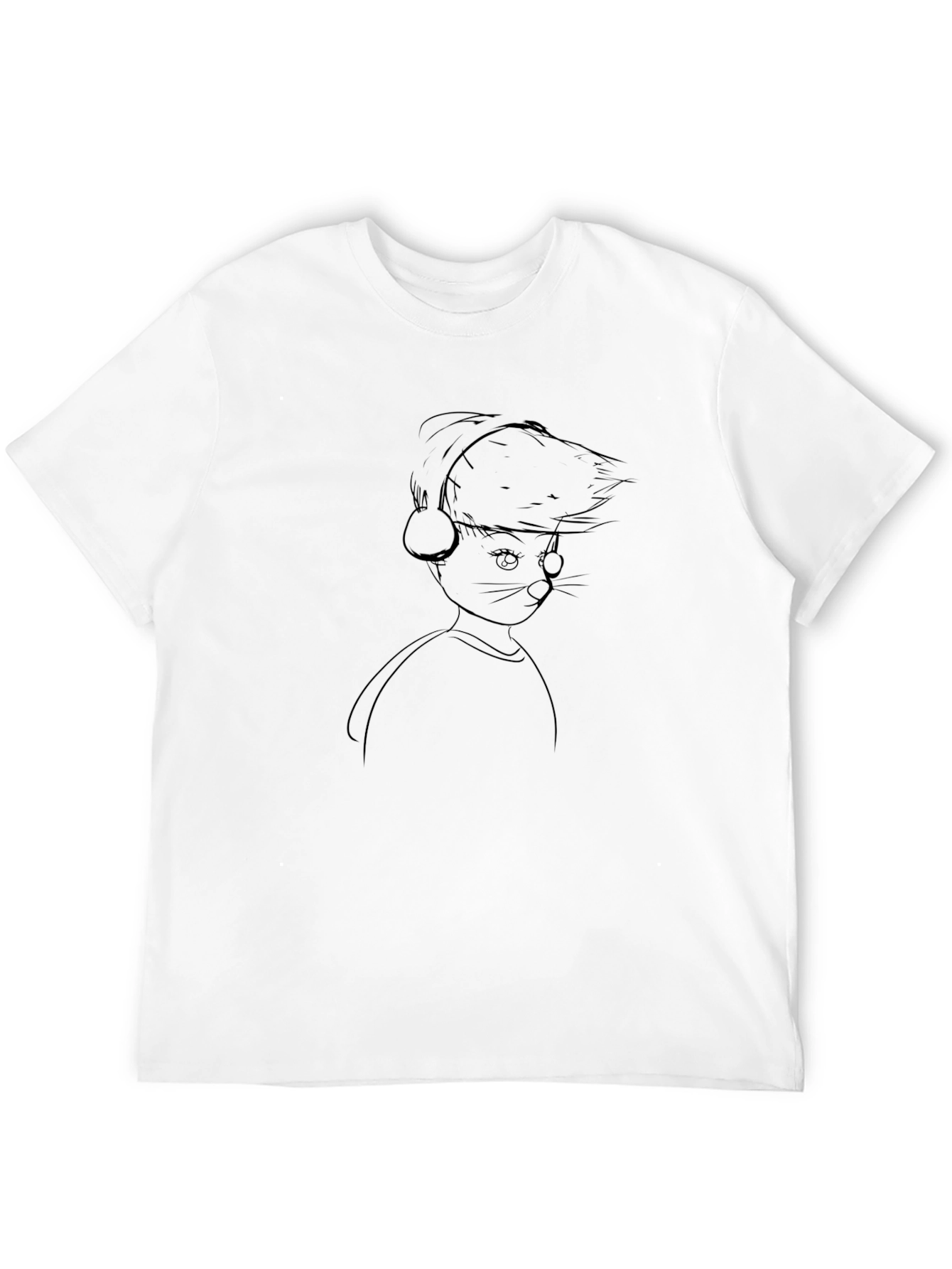 Line Art Cat DJ Black T-Shirt