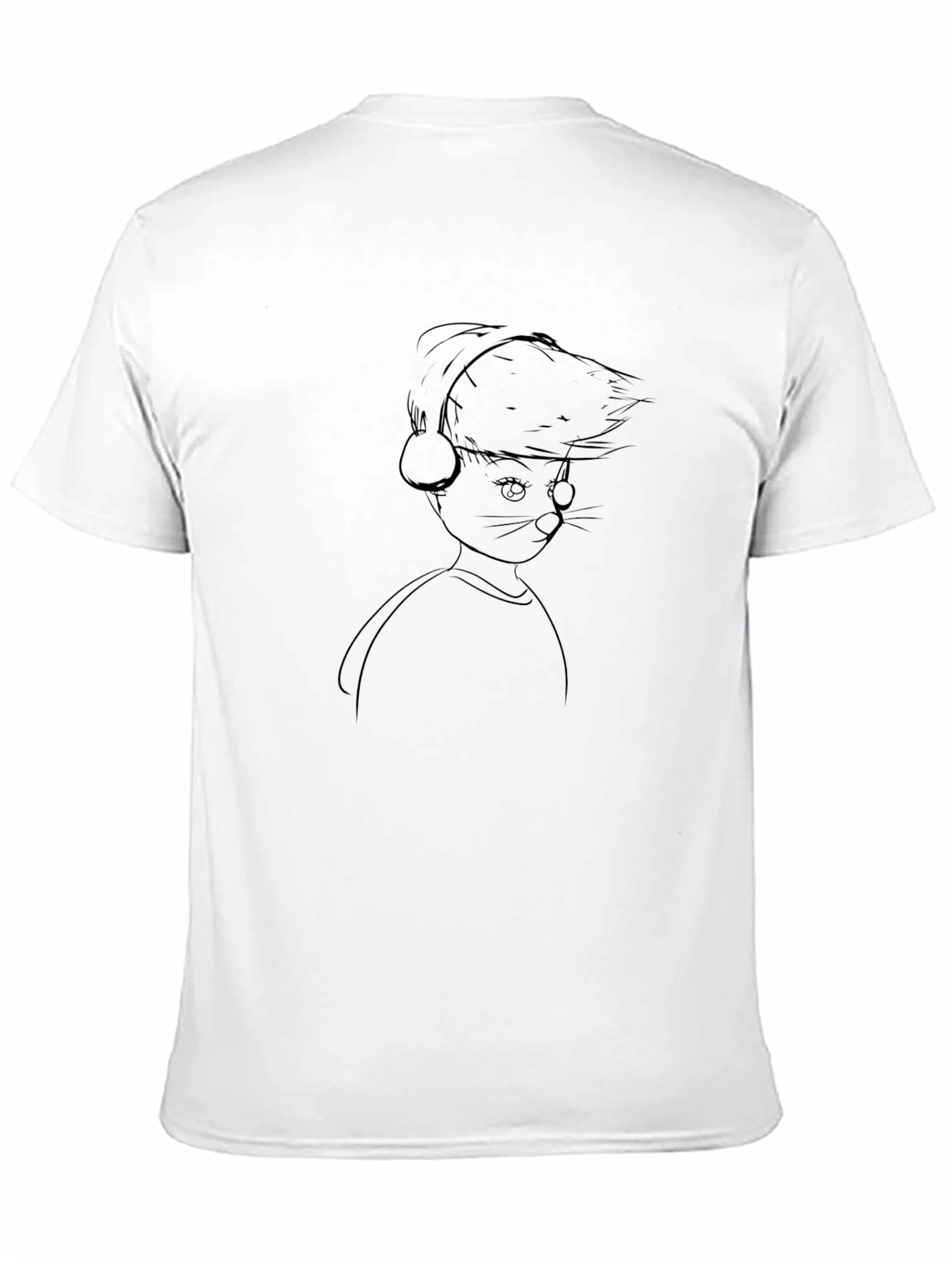 Line Art Cat DJ Black T-Shirt