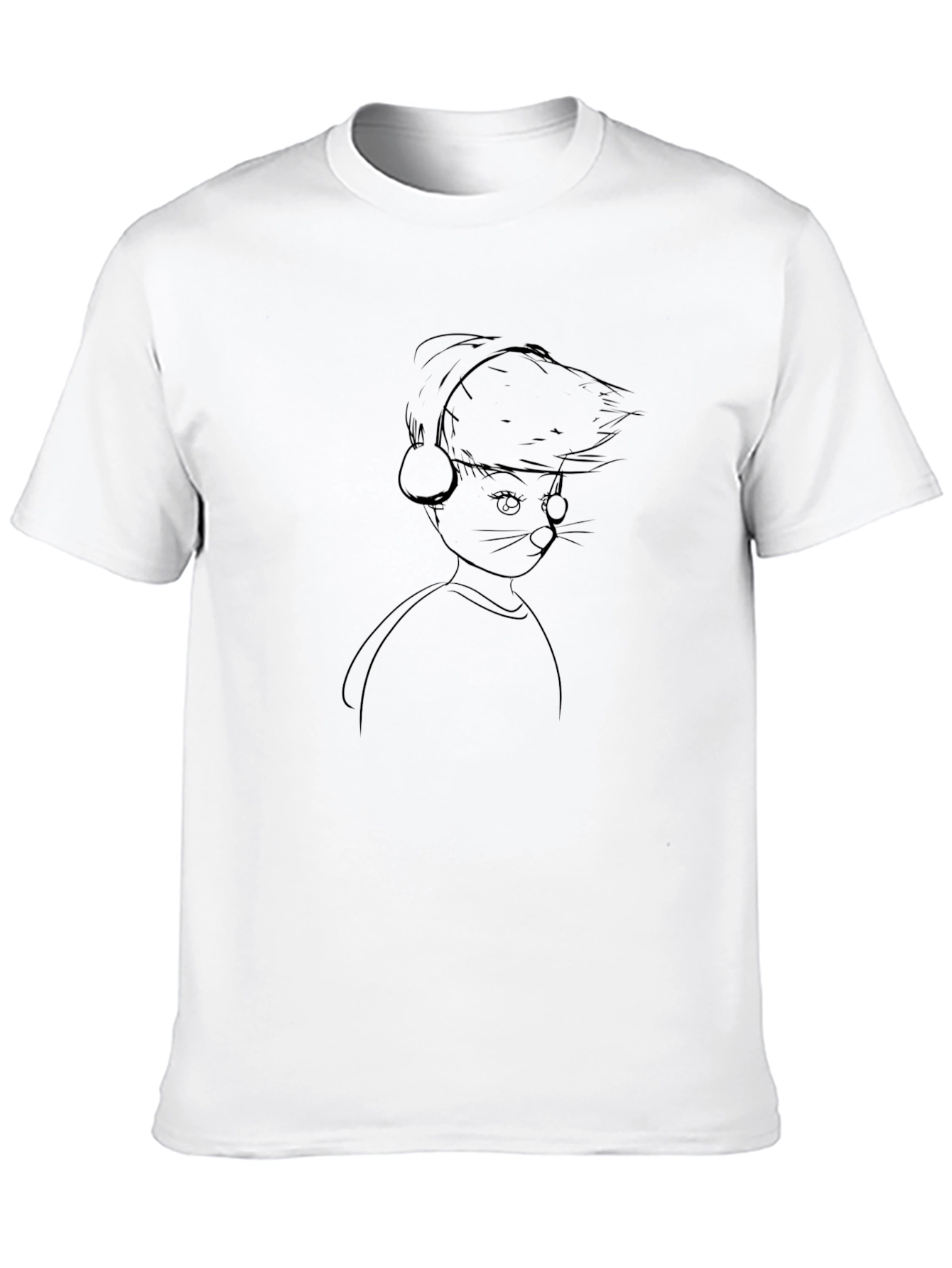 Line Art Cat DJ Black T-Shirt