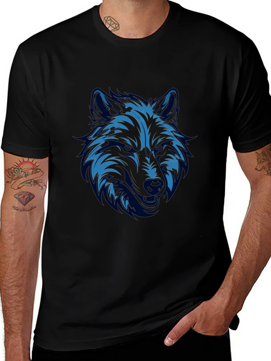 Blue Wolf Graphic Print Black T-Shirt