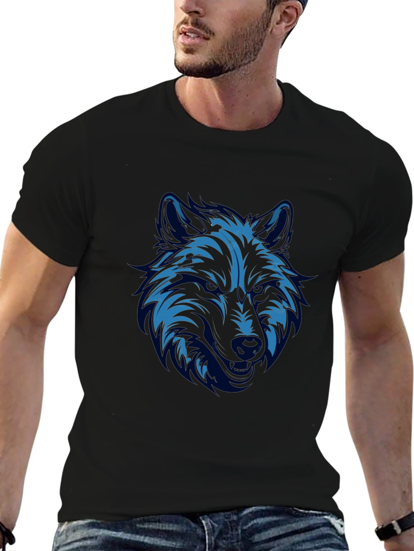 Blue Wolf Graphic Print Black T-Shirt