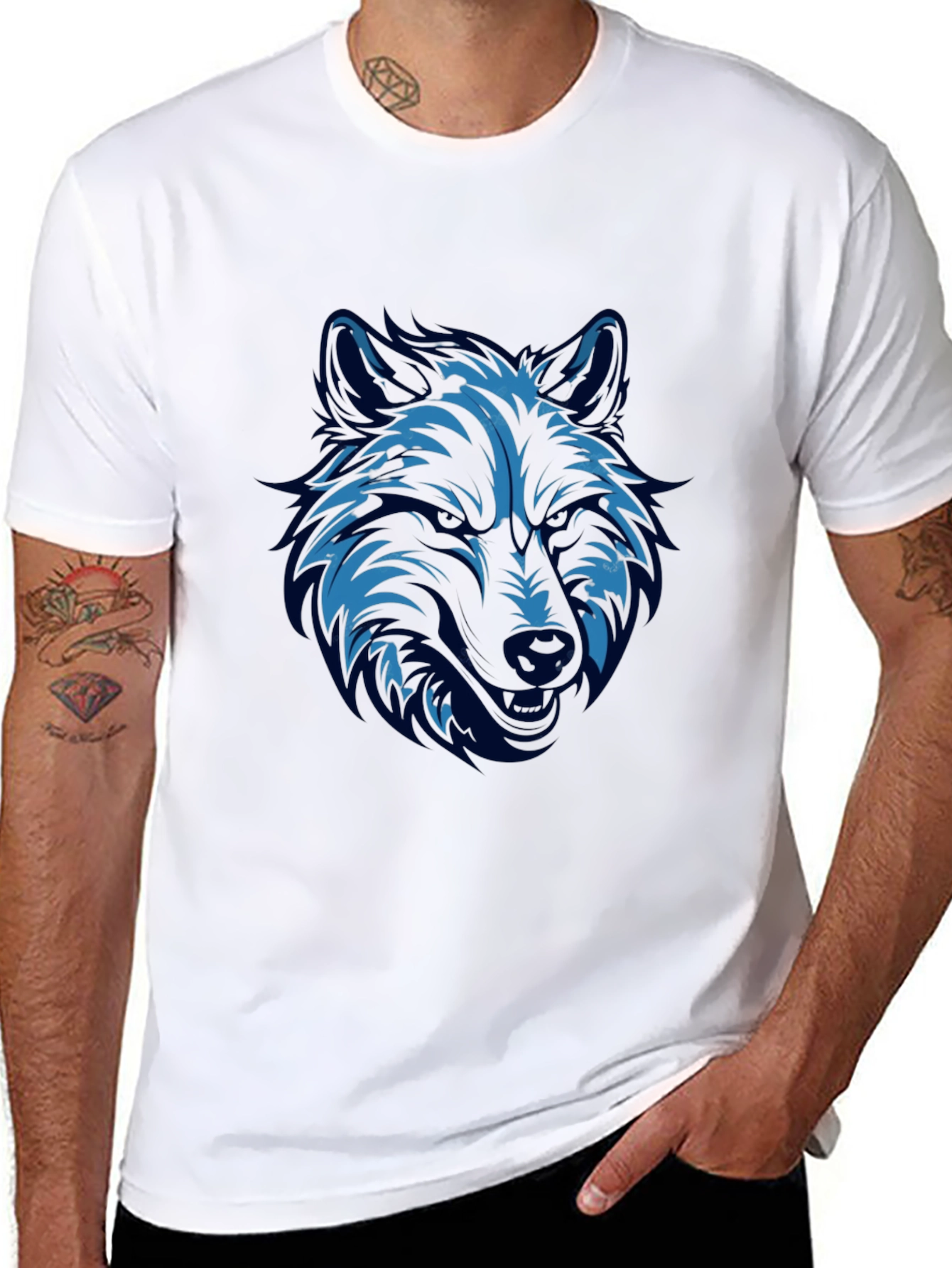 Blue Wolf Graphic Print Black T-Shirt
