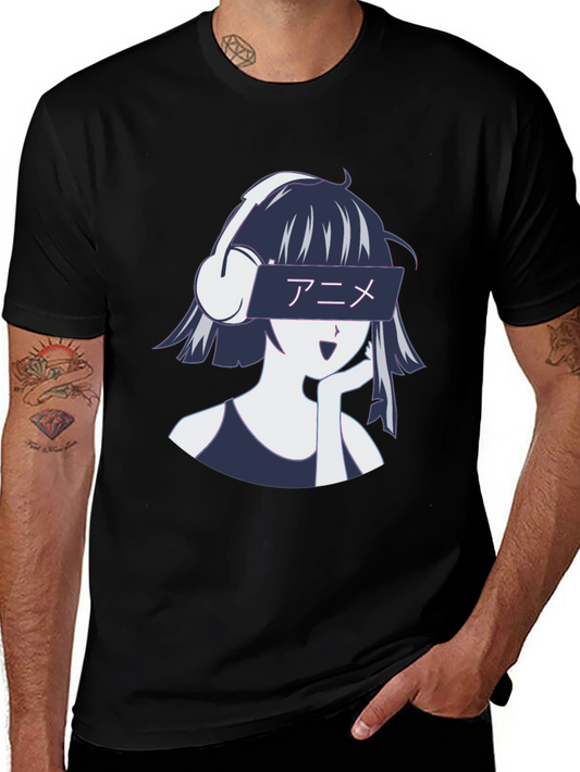 Anime Girl Headphones Graphic T-Shirt - Stylish Casual Wear
