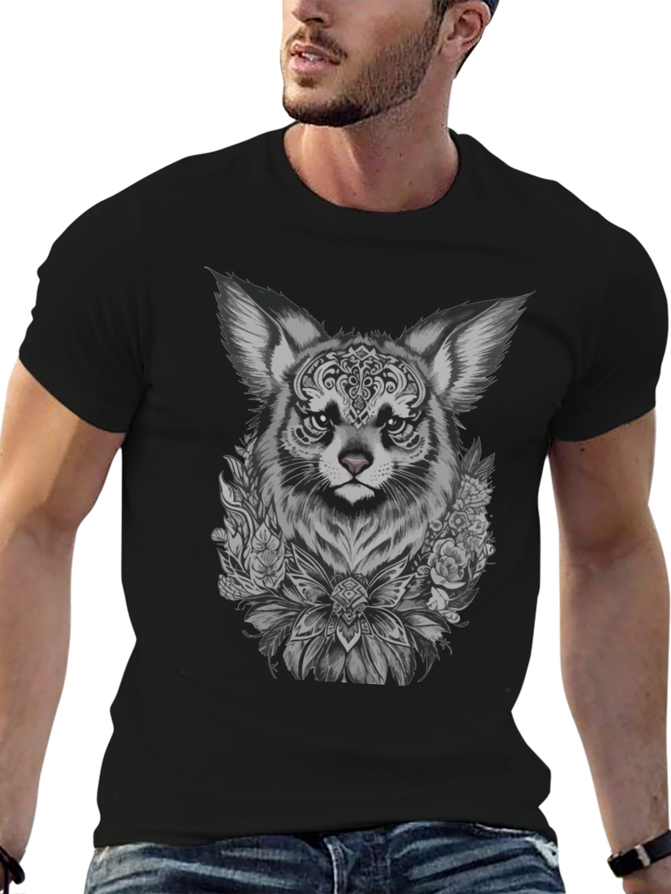 Floral Fox Graphic Tee - Black Unisex T-Shirt