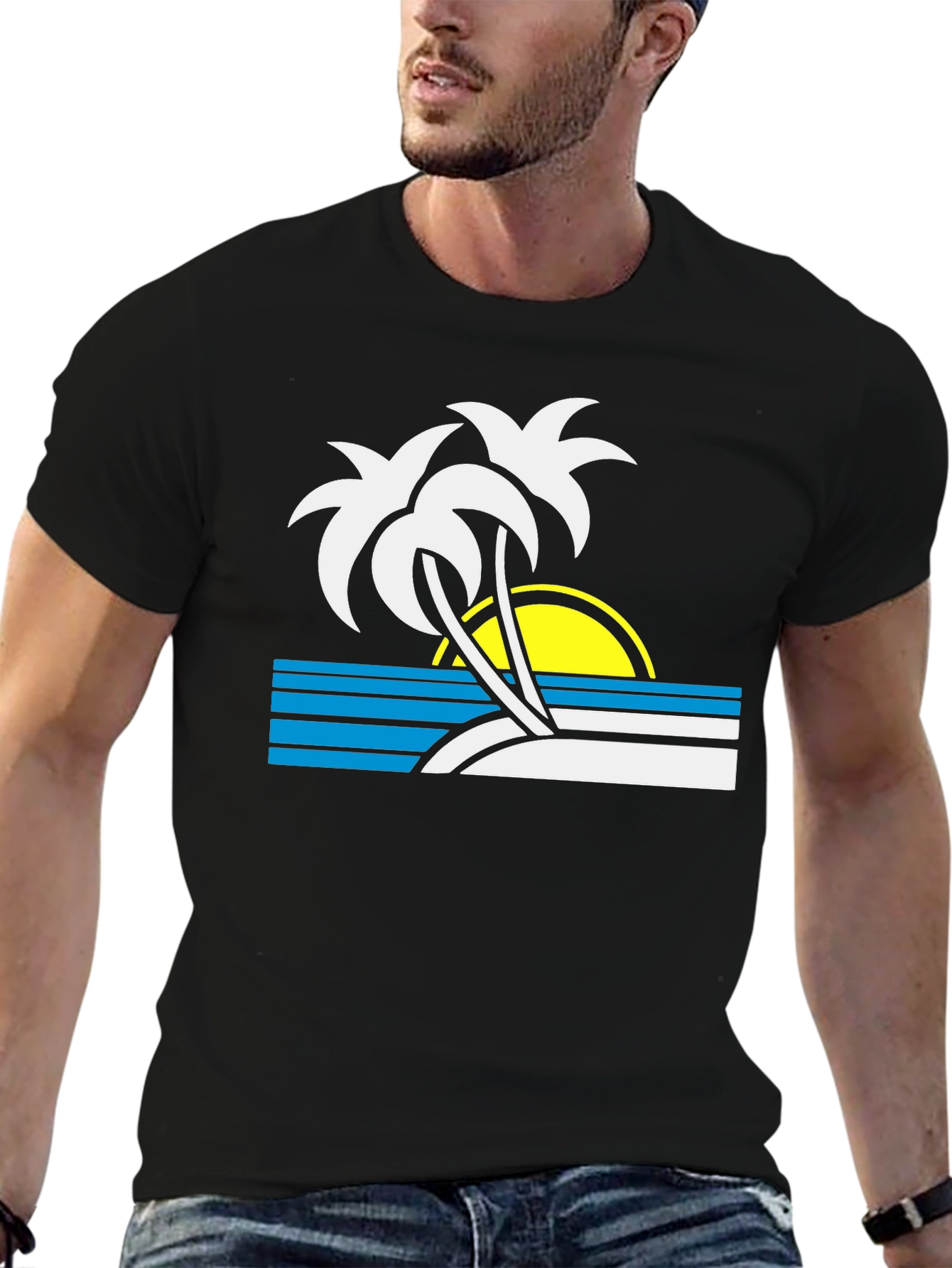Retro Sunset Palm Tree T-Shirt - Black