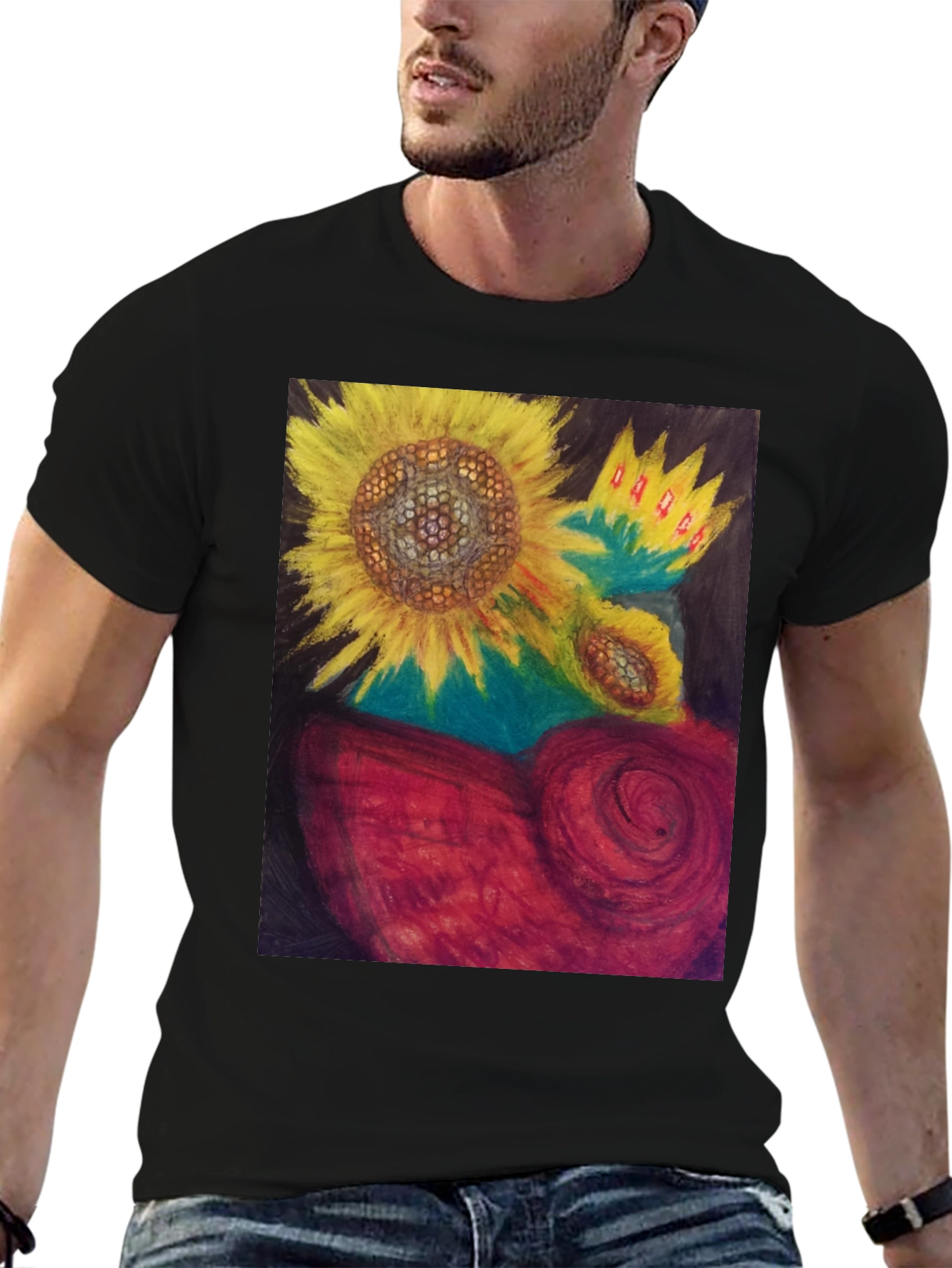 Sunflower Heart Graphic Tee - Artistic Black T-Shirt