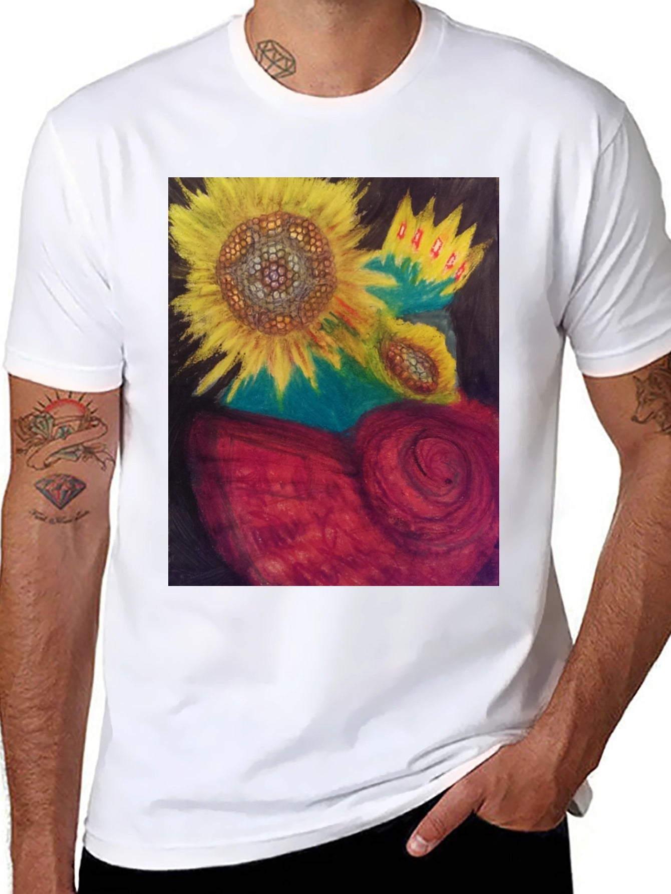 Sunflower Heart Graphic Tee - Artistic Black T-Shirt
