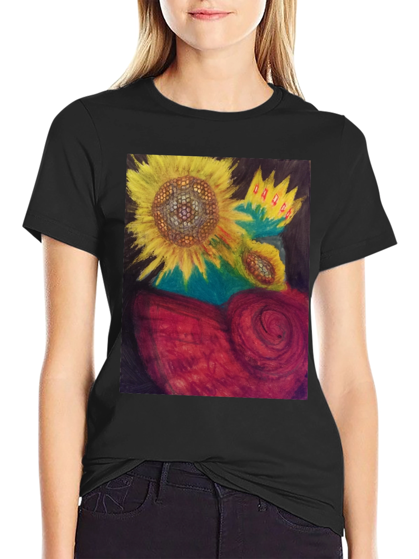 Sunflower Heart Graphic Tee - Artistic Black T-Shirt