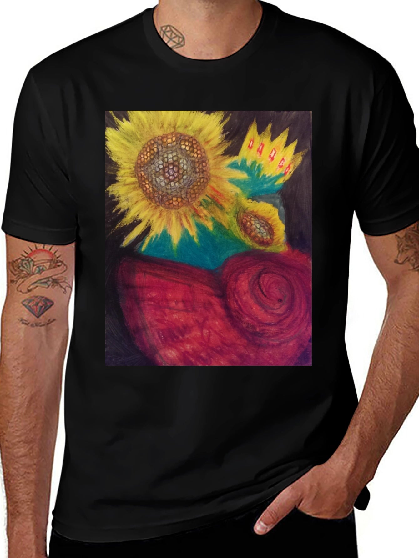 Sunflower Heart Graphic Tee - Artistic Black T-Shirt
