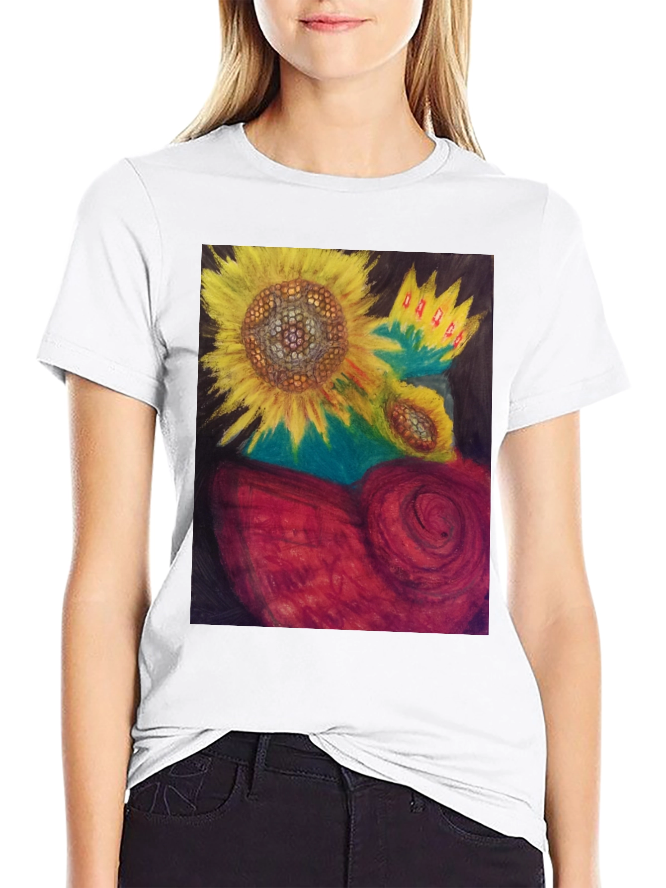 Sunflower Heart Graphic Tee - Artistic Black T-Shirt