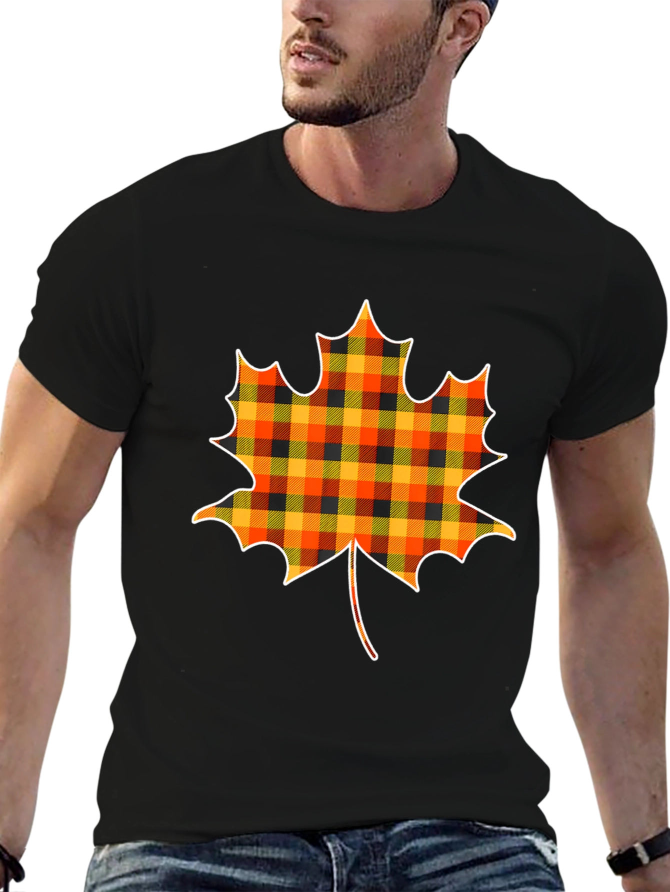 Plaid Maple Leaf T-Shirt Fall Tee