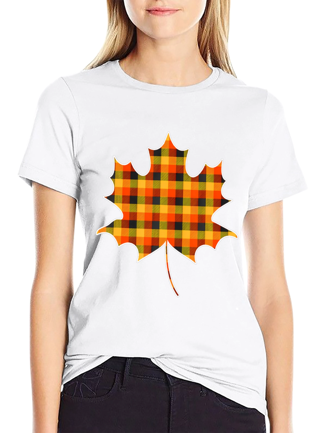 Plaid Maple Leaf T-Shirt Fall Tee