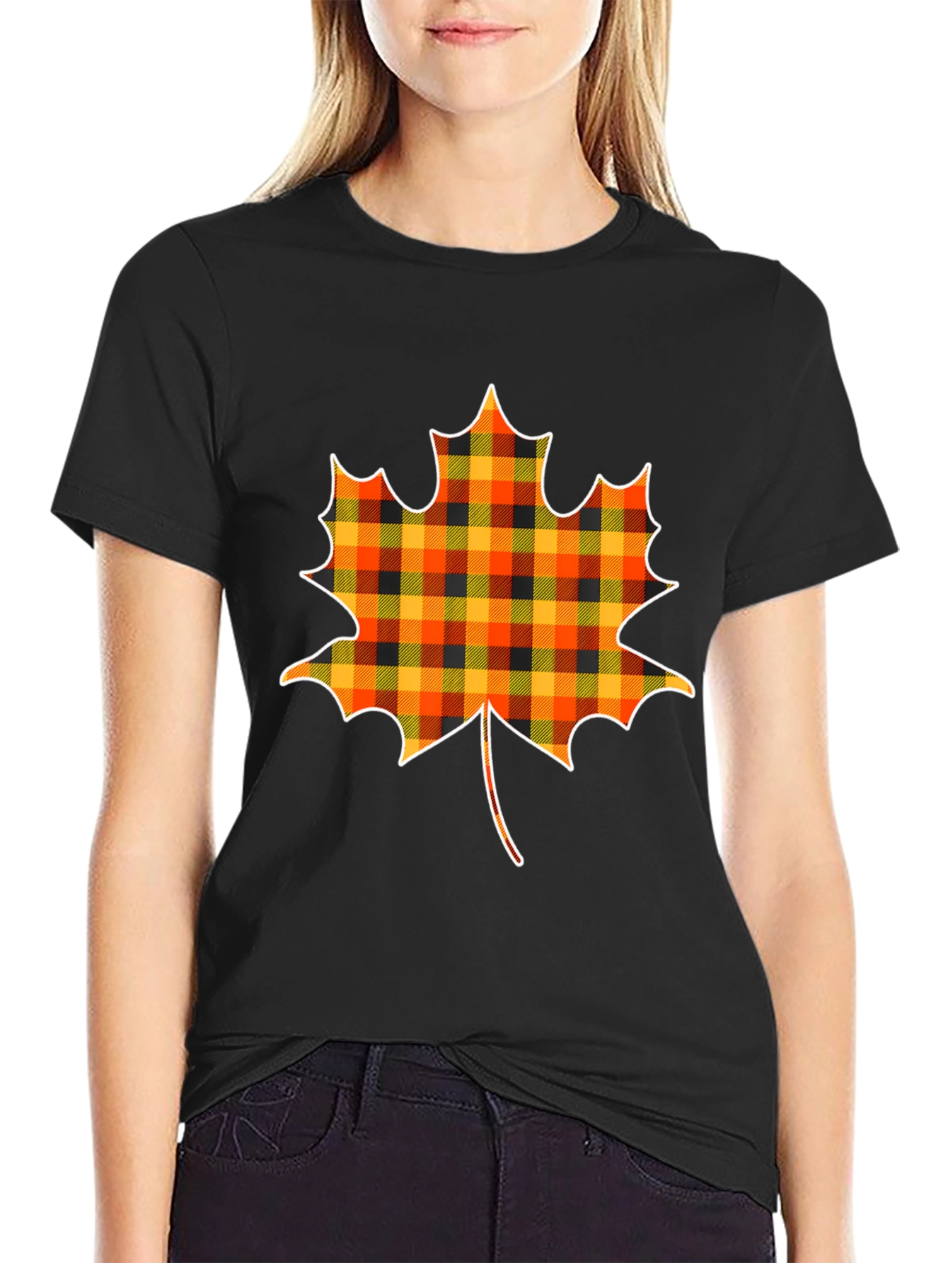 Plaid Maple Leaf T-Shirt Fall Tee