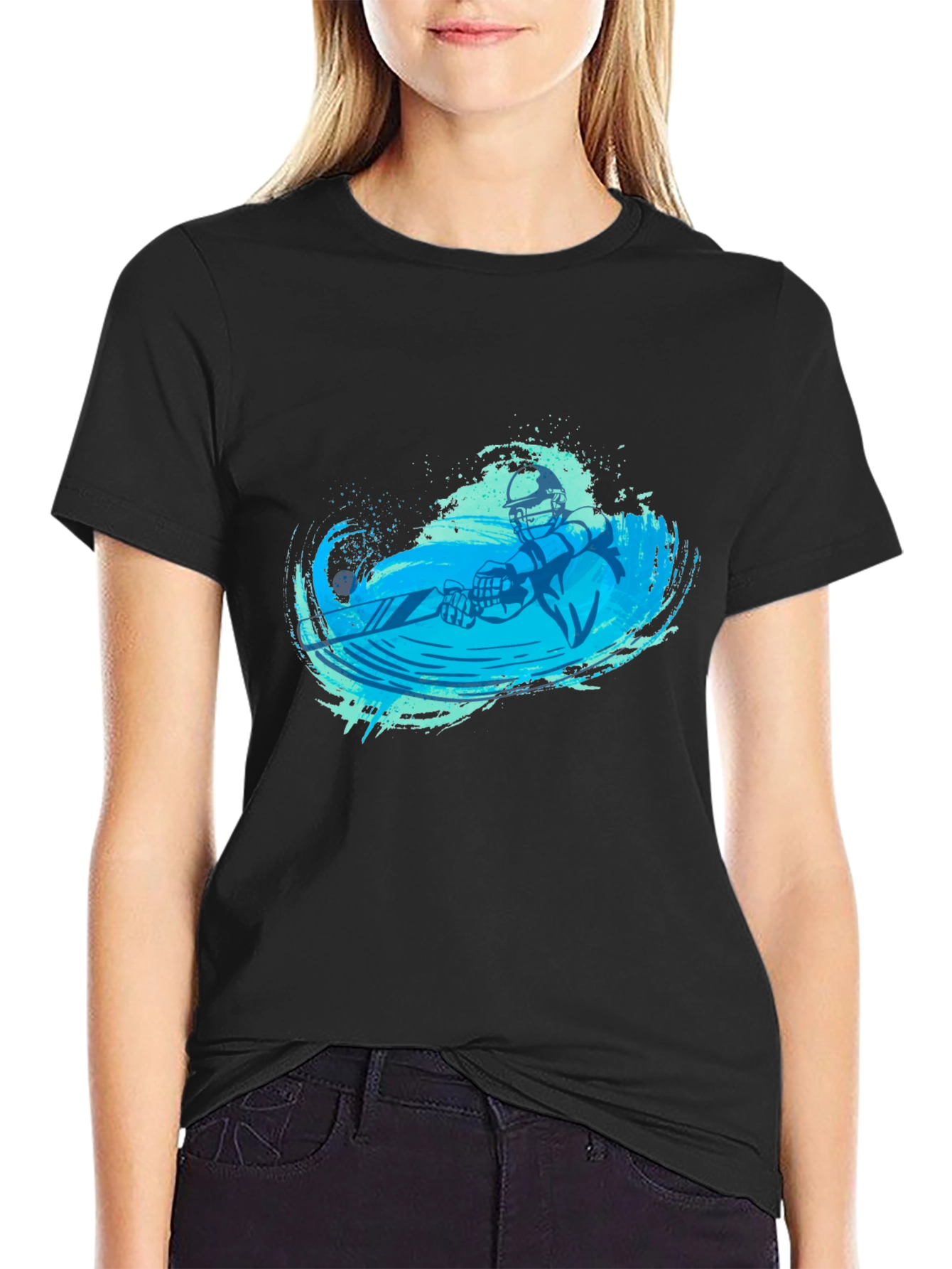 Black T-Shirt with Blue Water Skier Graphic