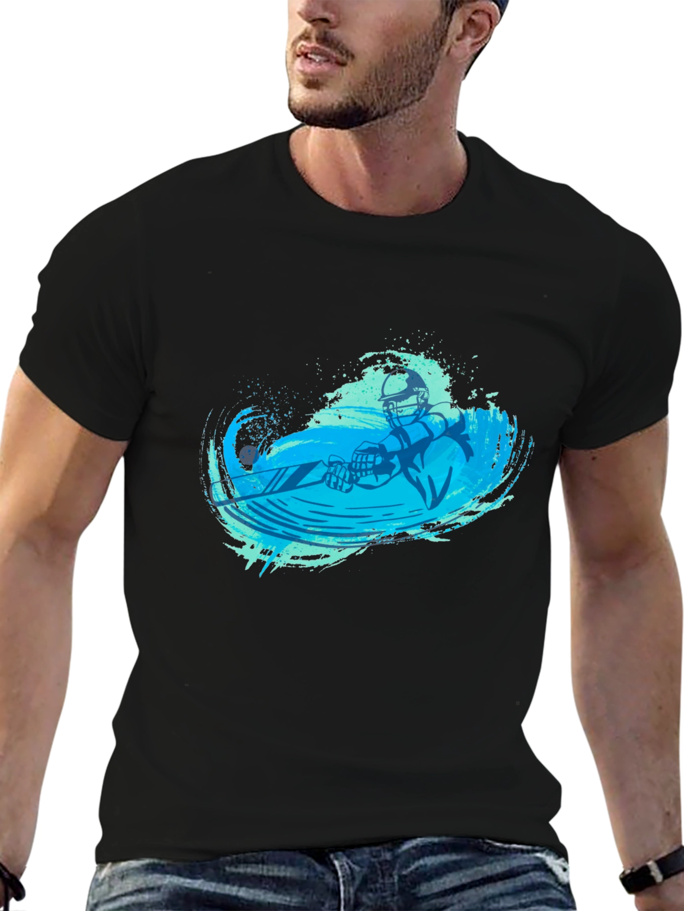 Black T-Shirt with Blue Water Skier Graphic