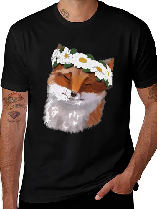 Fox with Flower Crown Graphic Tee - Soft Black T-Shirt