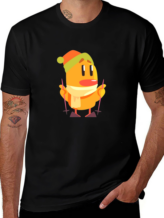 Cartoon Skiing Character Black T-Shirt