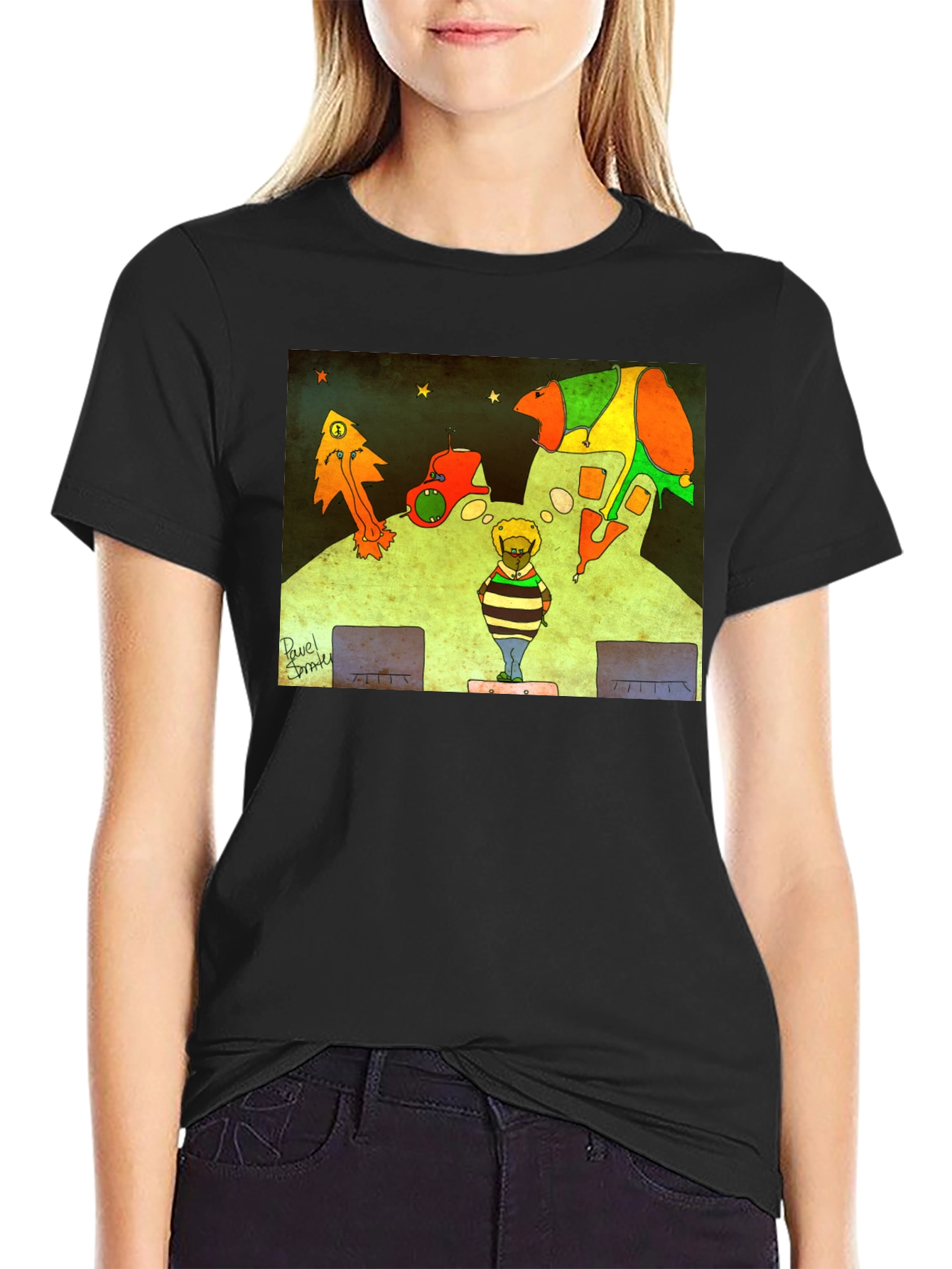 Retro Cartoon Graphic Print Black Tee