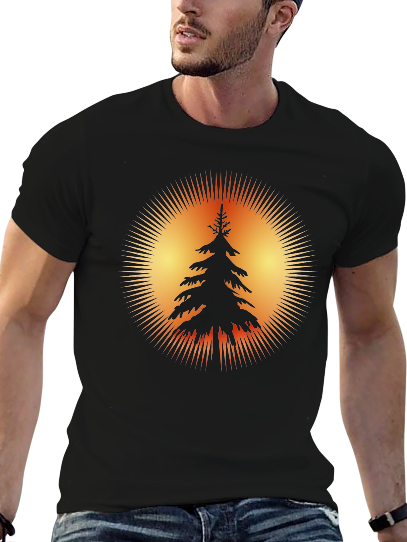 Nature Sunset Tree Graphic Black T-Shirt