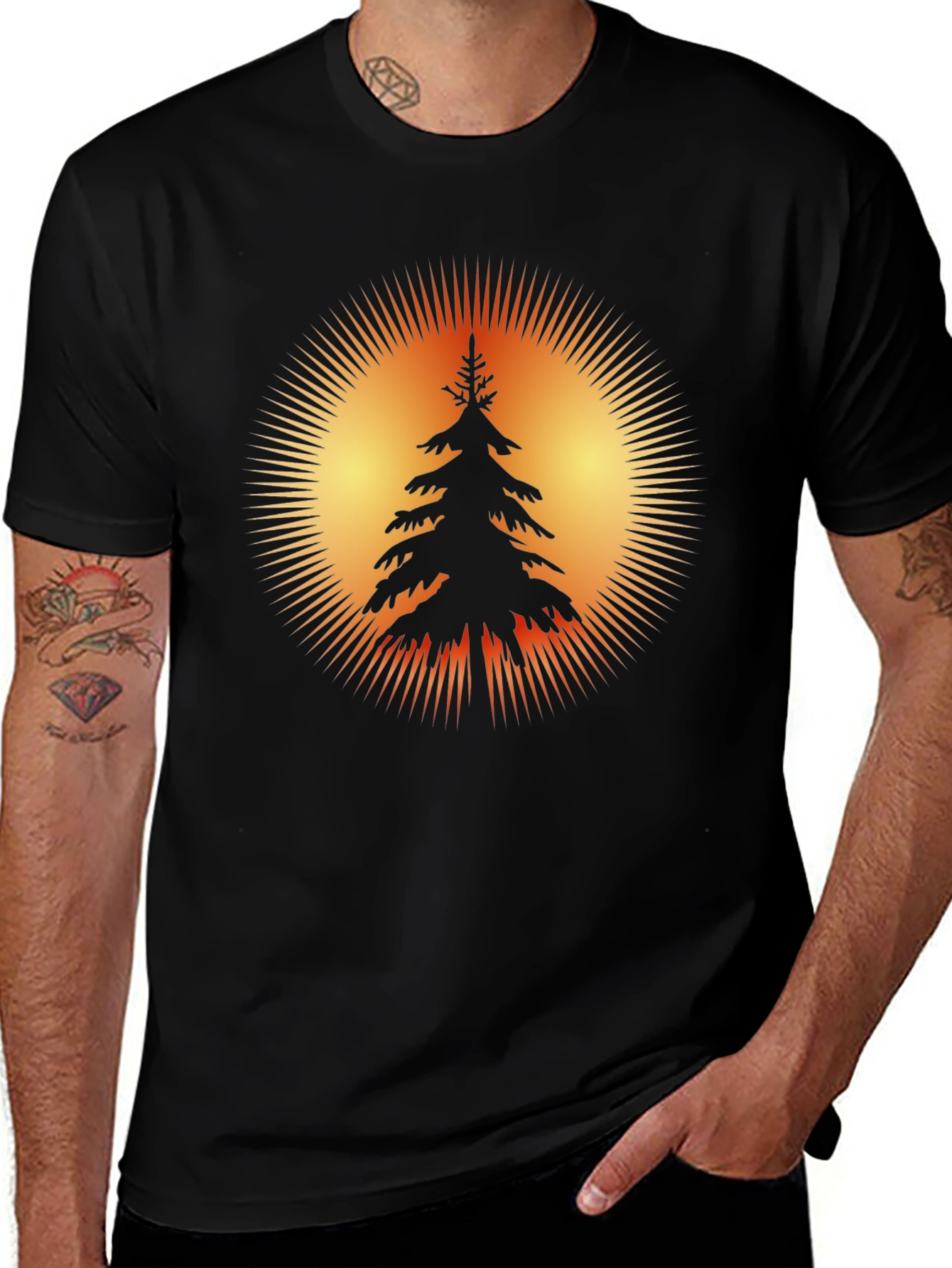 Nature Sunset Tree Graphic Black T-Shirt