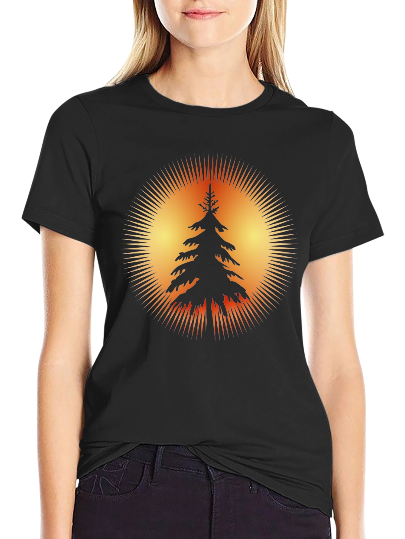 Nature Sunset Tree Graphic Black T-Shirt